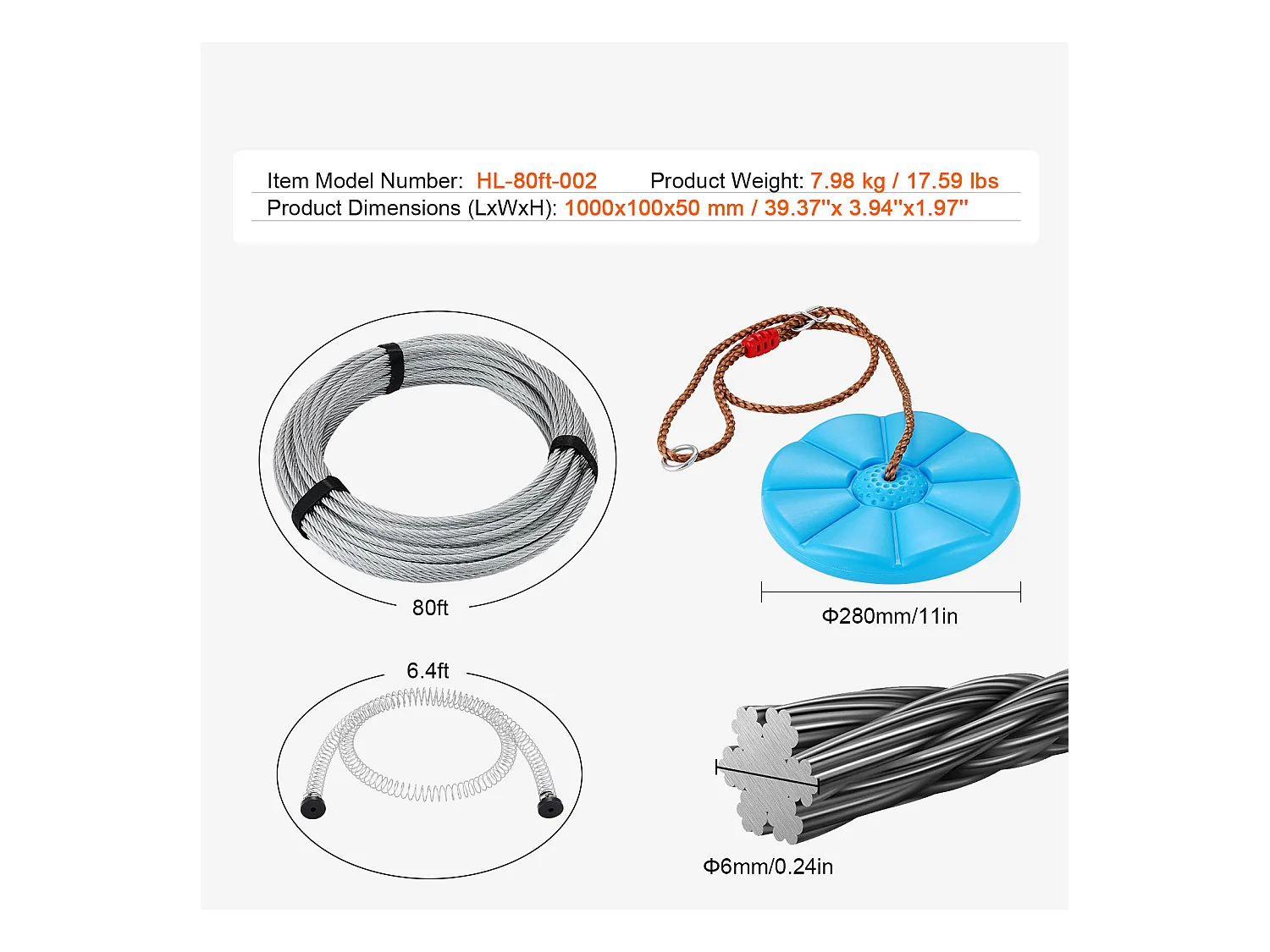 Kit Complet Tyrolienne, SucceBuy Kit de Tyrolienne de 2438.4 CM pour Enfants et Adultes, Tyrolienne à Roulettes, Jusqu'à 500 lb