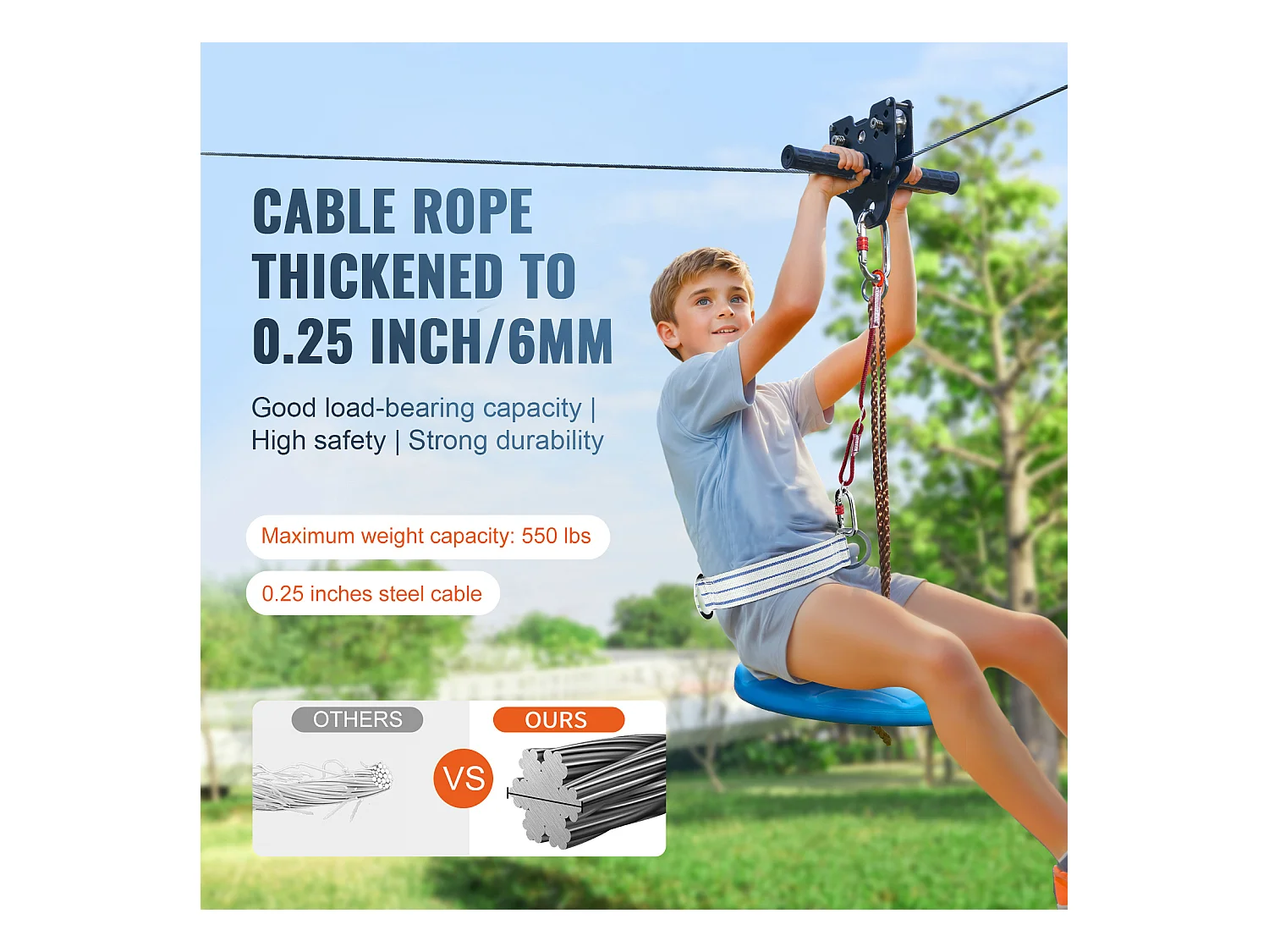 Kit Complet Tyrolienne, SucceBuy Kit de Tyrolienne de 2438.4 CM pour Enfants et Adultes, Tyrolienne à Roulettes, Jusqu'à 500 lb