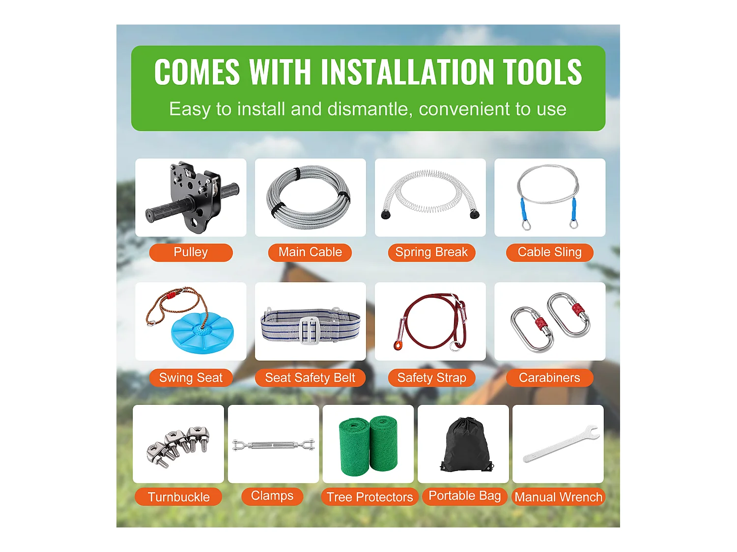 Kit Complet Tyrolienne, SucceBuy Kit de Tyrolienne de 2438.4 CM pour Enfants et Adultes, Tyrolienne à Roulettes, Jusqu'à 500 lb