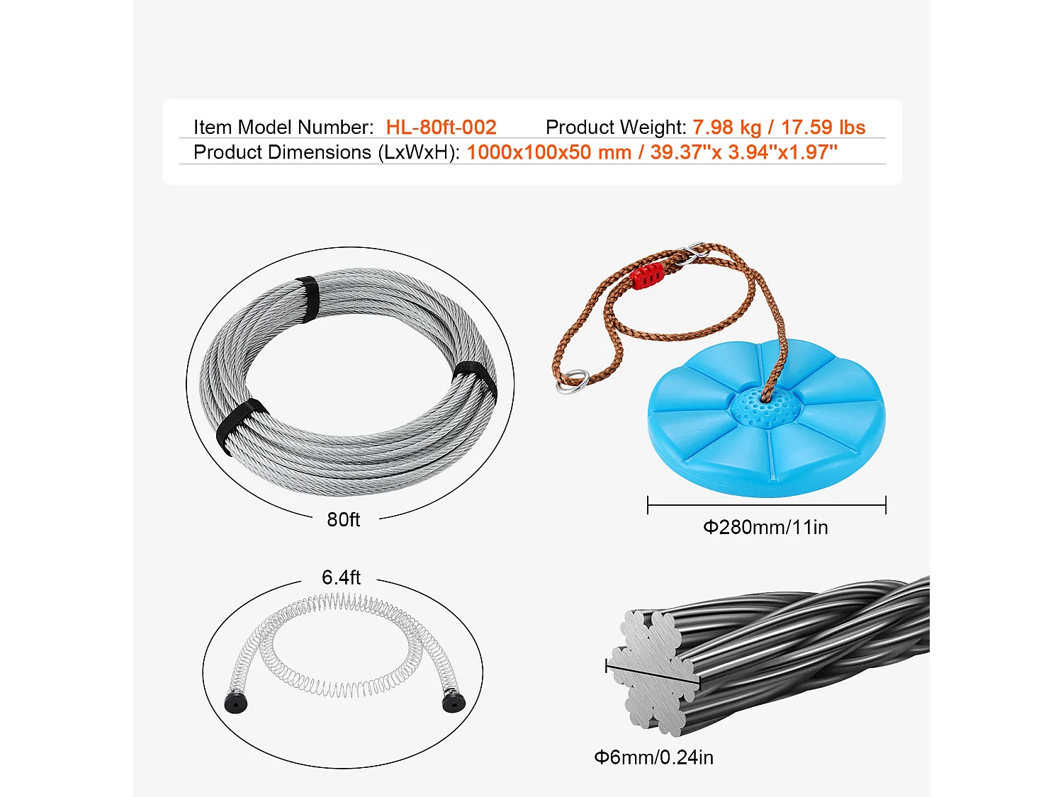 Kit Complet Tyrolienne, SucceBuy Kit de Tyrolienne de 2438.4 CM pour Enfants et Adultes, Tyrolienne à Roulettes, Jusqu'à 500 lb