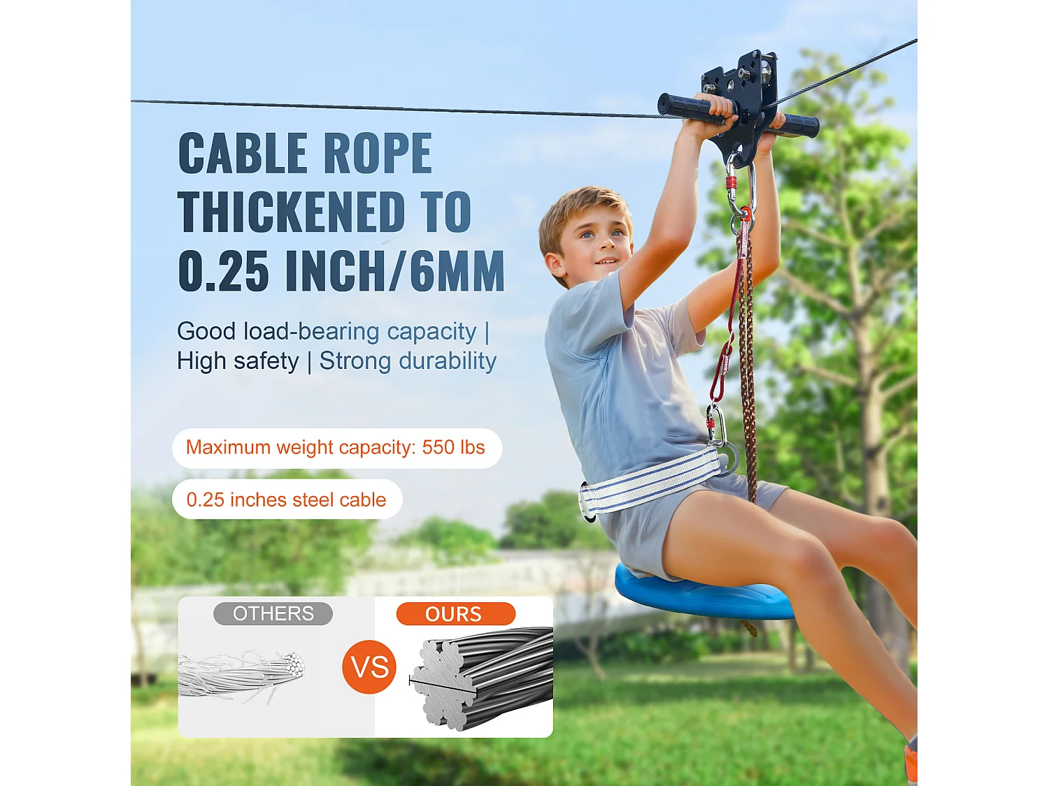 Kit Complet Tyrolienne, SucceBuy Kit de Tyrolienne de 2438.4 CM pour Enfants et Adultes, Tyrolienne à Roulettes, Jusqu'à 500 lb