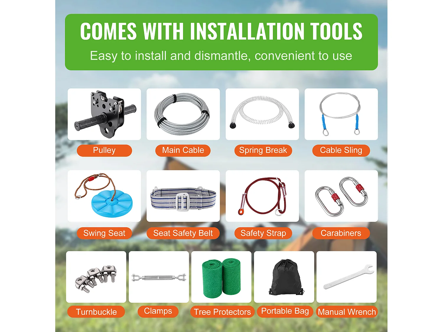 Kit Complet Tyrolienne, SucceBuy Kit de Tyrolienne de 2438.4 CM pour Enfants et Adultes, Tyrolienne à Roulettes, Jusqu'à 500 lb