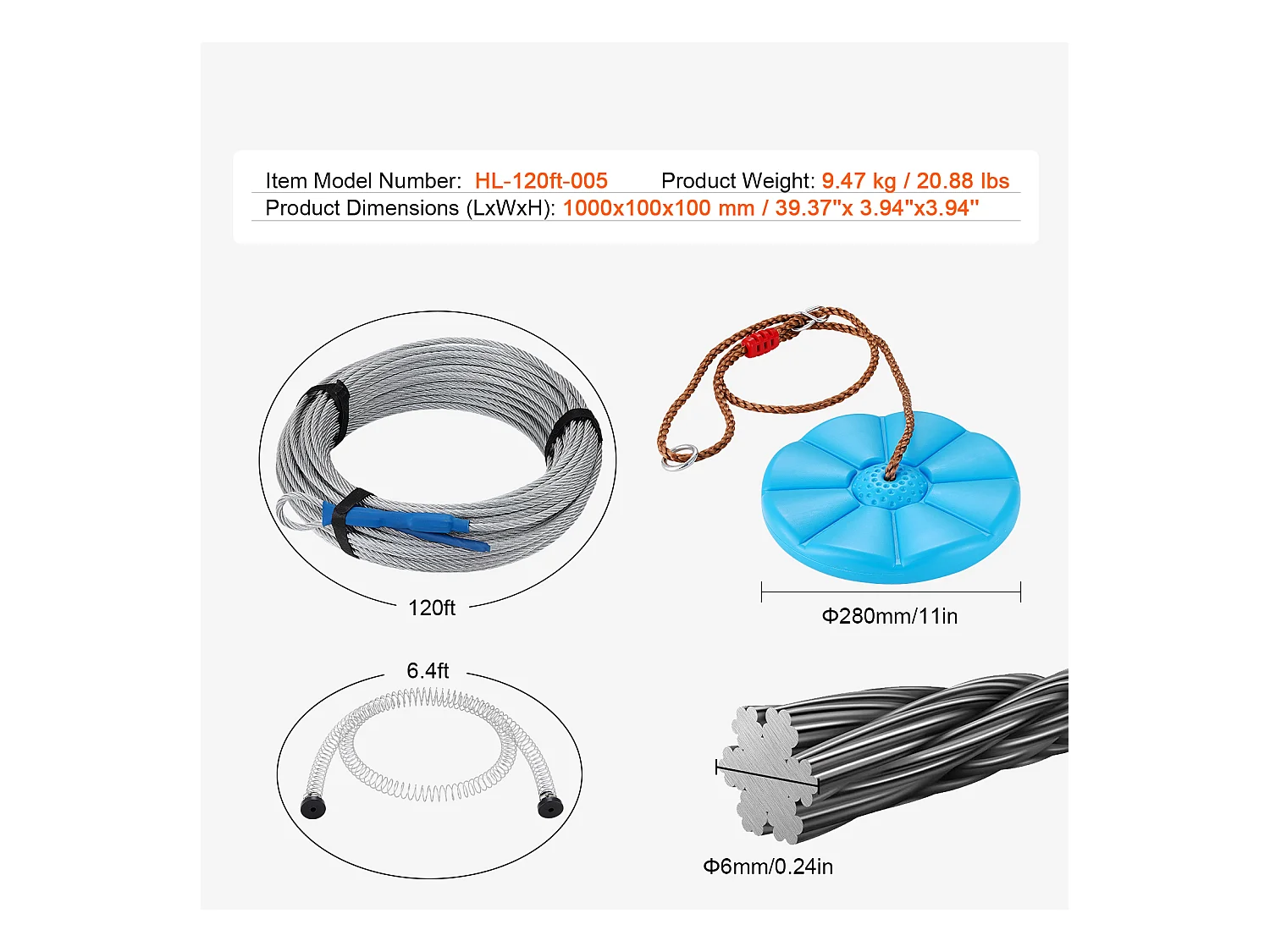 Kit Complet Tyrolienne, SucceBuy Kit de Tyrolienne de 3657.6 CM pour Enfants et Adultes Jusqu'à 500 lb
