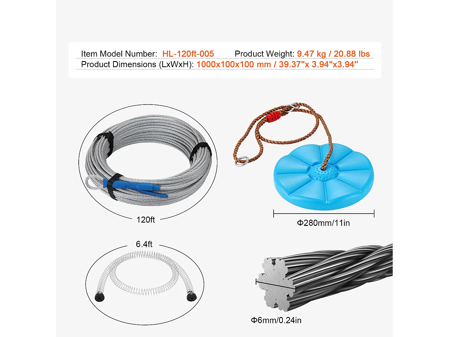 Kit Complet Tyrolienne, SucceBuy Kit de Tyrolienne de 3657.6 CM pour Enfants et Adultes Jusqu'à 500 lb