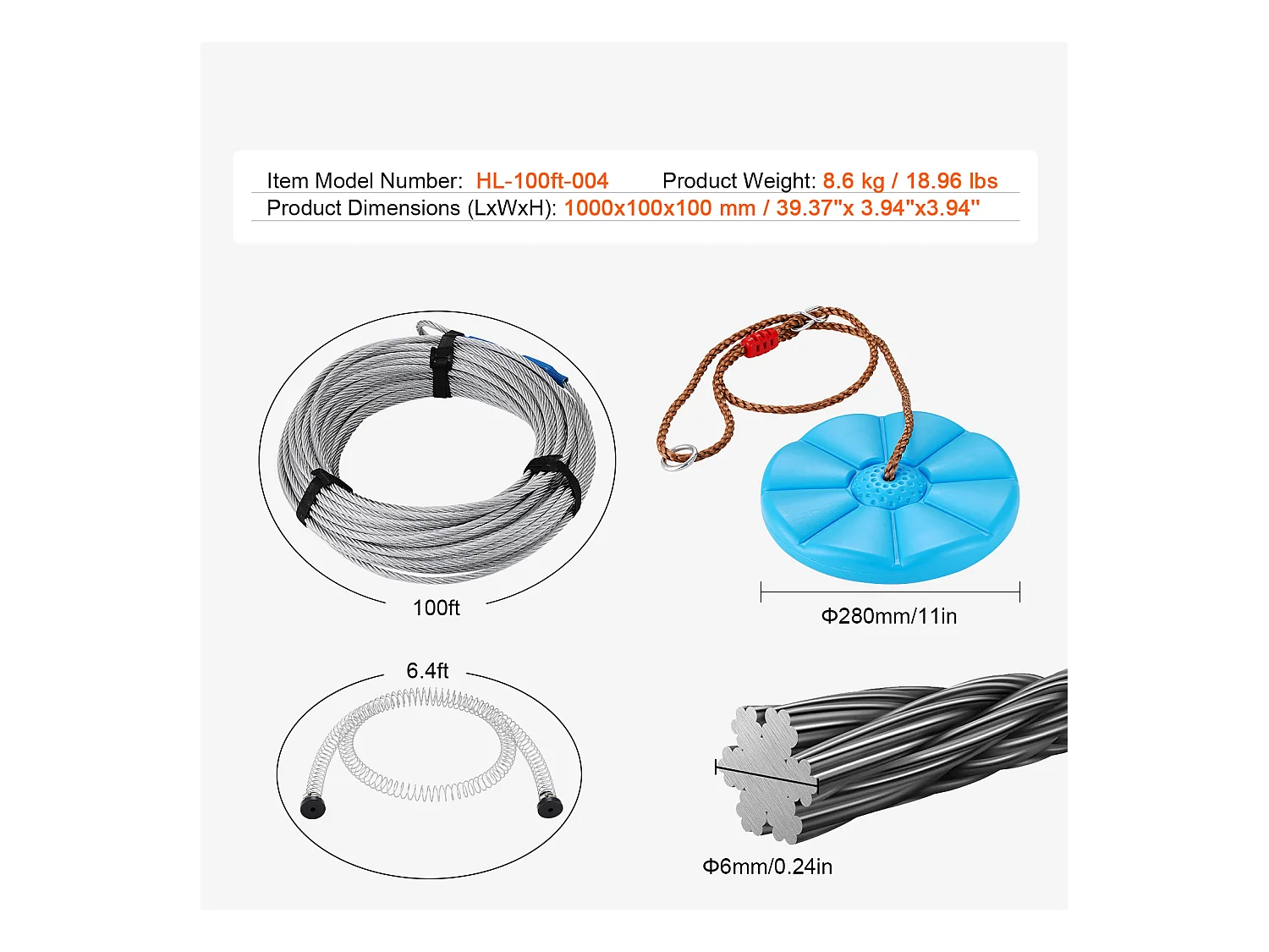 Kit Complet Tyrolienne, SucceBuy Kit de Tyrolienne de 3048 CM, Chariot pour Enfants et Adultes, Capacité de 500 lb