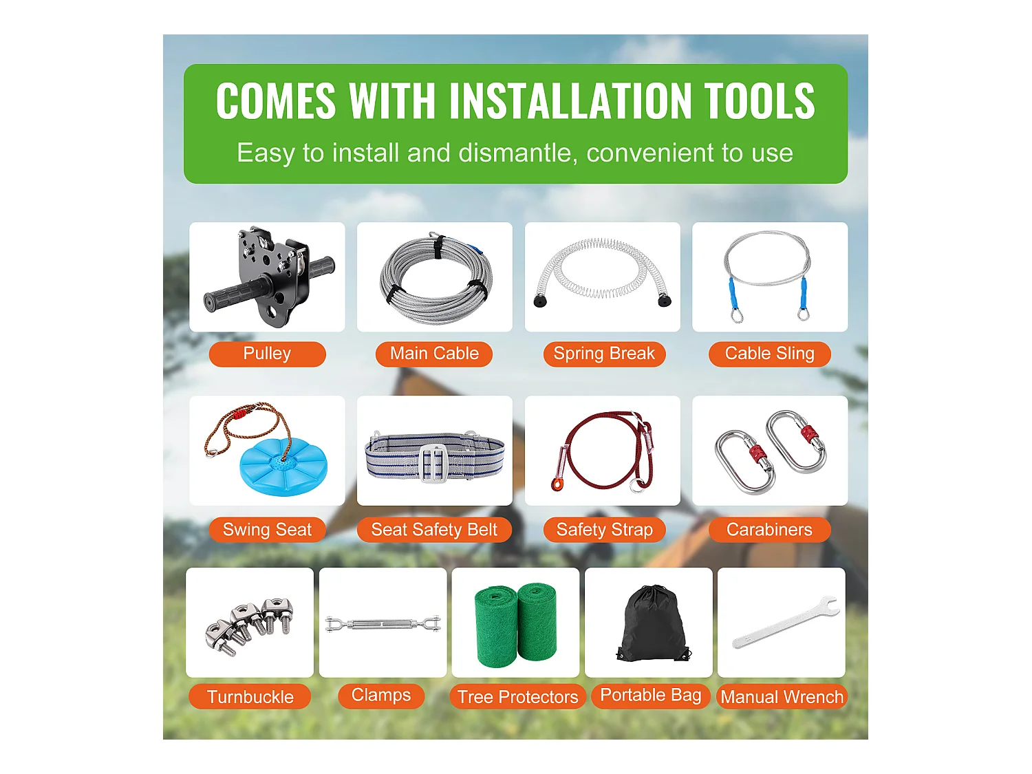 Kit Complet Tyrolienne, SucceBuy Kit de Tyrolienne de 3048 CM, Chariot pour Enfants et Adultes, Capacité de 500 lb