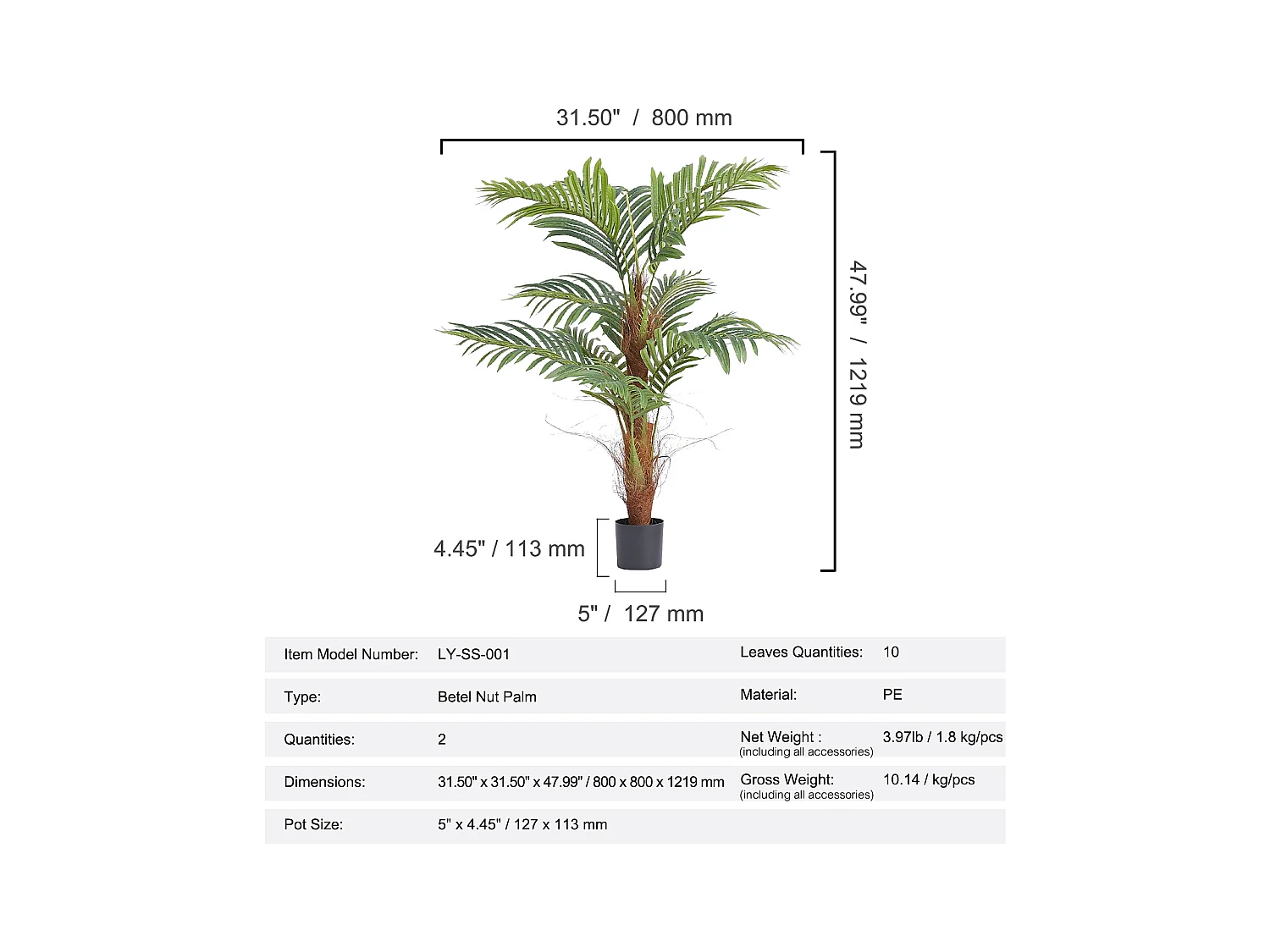 Palmier Areca Artificiel SucceBuy de 1.22m, Fausse Plante de Noix de Bétel Réaliste