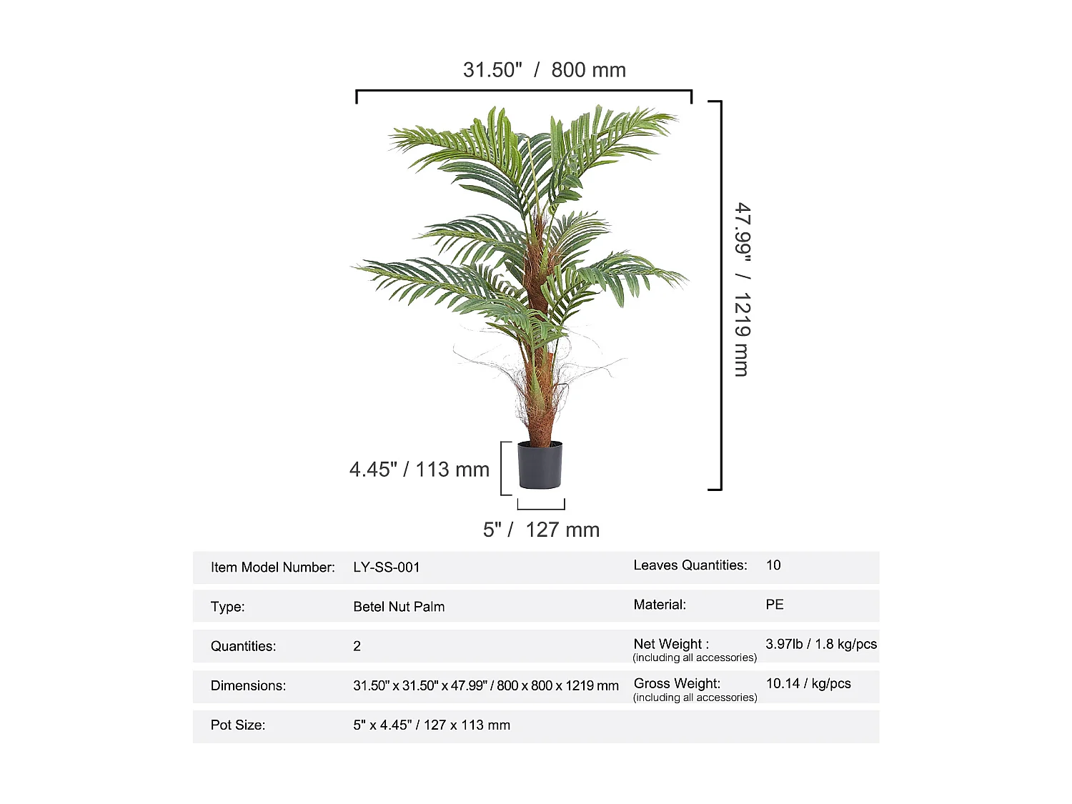 Palmier Areca Artificiel SucceBuy de 1.22m, Fausse Plante de Noix de Bétel Réaliste