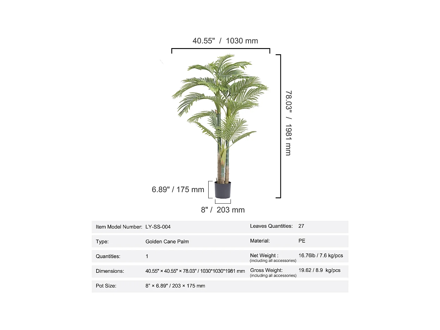 Palmier Artificiel en Canne Dorée SucceBuy de 2 m, Fausse Plante Verte Réaliste Décorative