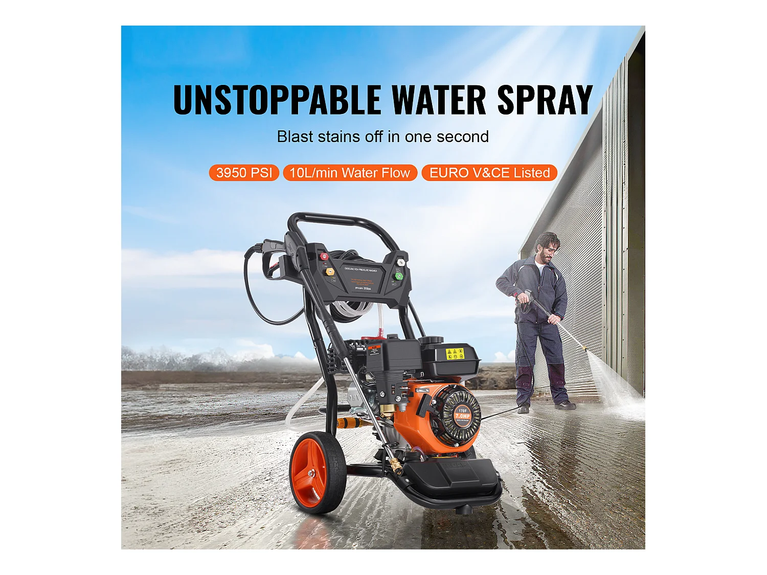 Nettoyeur Haute Pression à Essence SucceBuy, 3950 PSI 10 L/min 2,6 GPM 5 Buses, pour Voitures, Clôtures, Maisons, Vertical