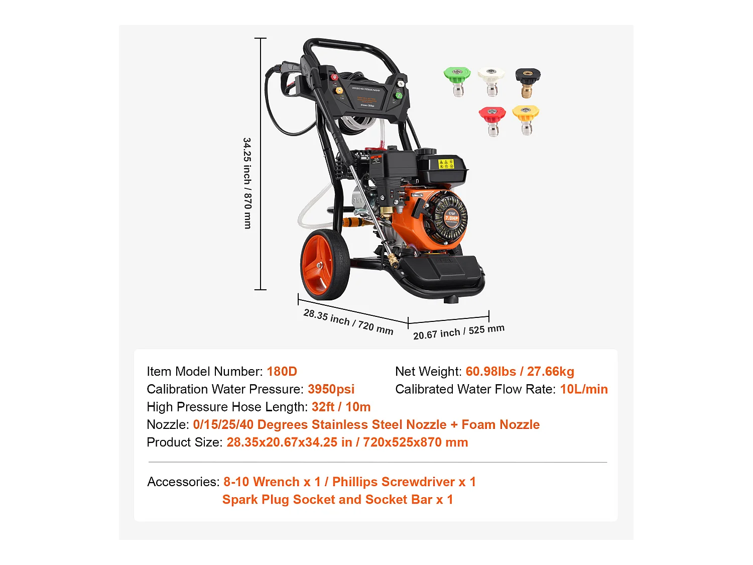 Nettoyeur Haute Pression à Essence SucceBuy, 3950 PSI 10 L/min 2,6 GPM 5 Buses, pour Voitures, Clôtures, Maisons, Vertical