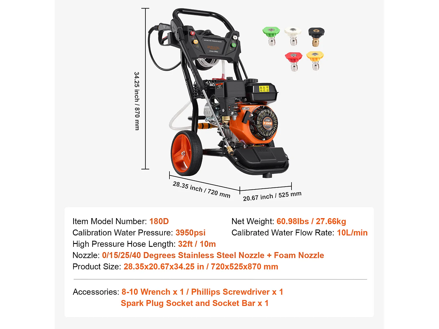 Nettoyeur Haute Pression à Essence SucceBuy, 3950 PSI 10 L/min 2,6 GPM 5 Buses, pour Voitures, Clôtures, Maisons, Vertical