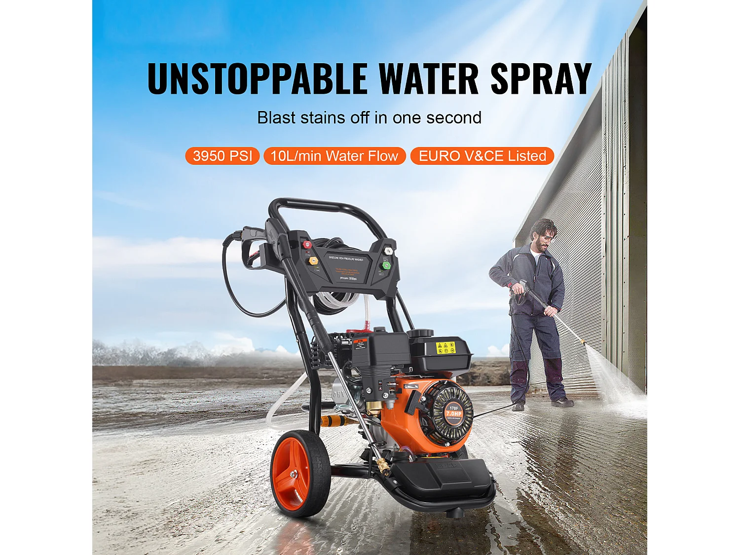 Nettoyeur Haute Pression à Essence SucceBuy, 3950 PSI 10 L/min 2,6 GPM 5 Buses, pour Voitures, Clôtures, Maisons, Vertical