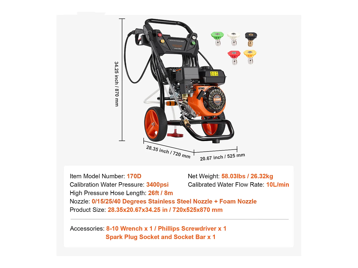 Nettoyeur Haute Pression, SucceBuy Nettoyeur Haute Pression à Essence 3400 PSI 2,6 GPM Ensemble de 5 Buses pour Diverses Utilisations