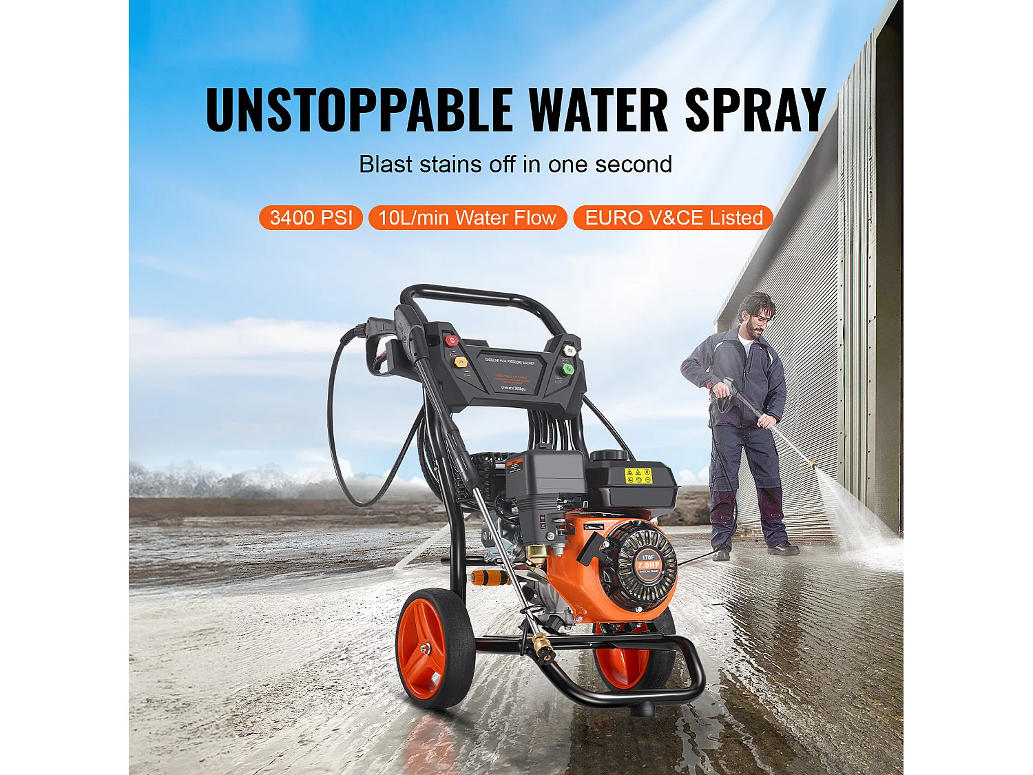 Nettoyeur Haute Pression, SucceBuy Nettoyeur Haute Pression à Essence 3400 PSI 2,6 GPM Ensemble de 5 Buses pour Diverses Utilisations