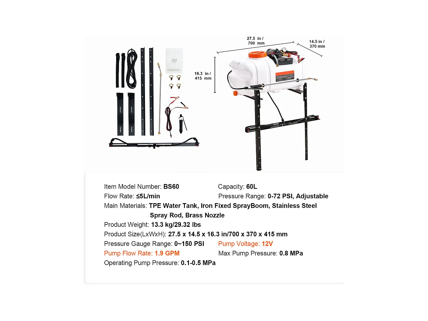 Pulvérisateur pour VTT SucceBuy 60 L 12 V, Pulvérisateur Mauvaises Herbes Jardin à Pompe, Réglable 0-72 PSI, Blanc