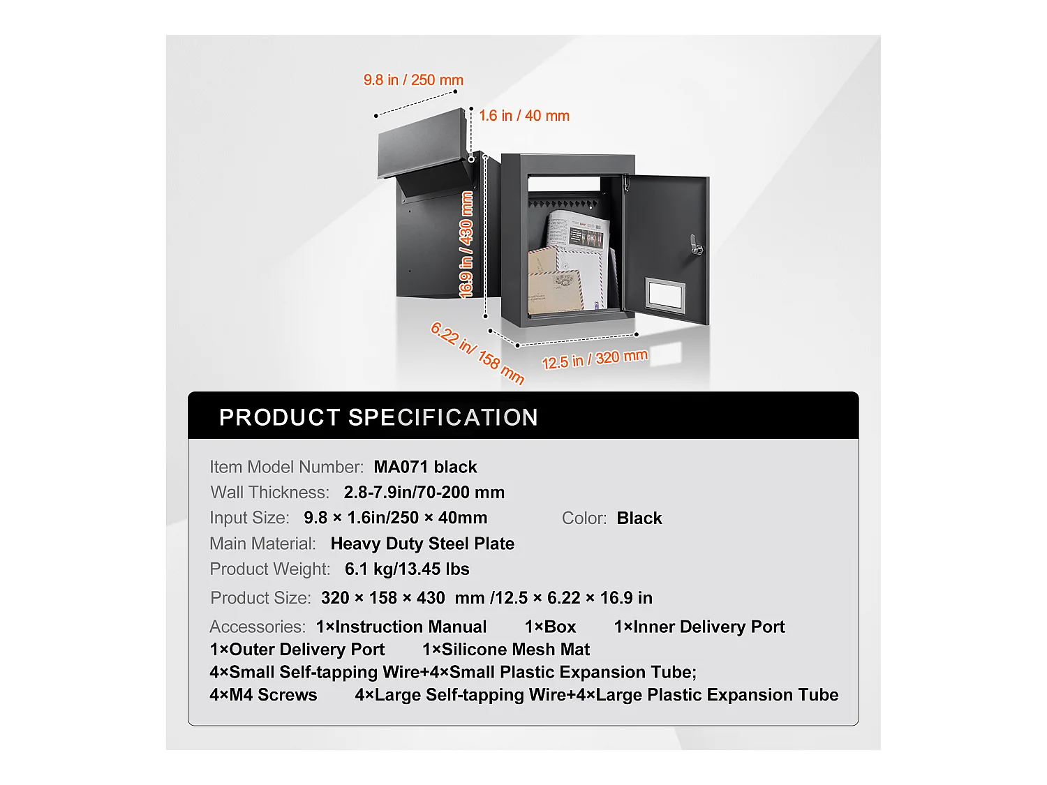 Boîte aux Lettres Murale SucceBuy, Boîte aux Lettres en Acier Robuste avec Serrure à Cod,  31.8 x 16 x 43cm,  Noire - Sécurisée et élégante