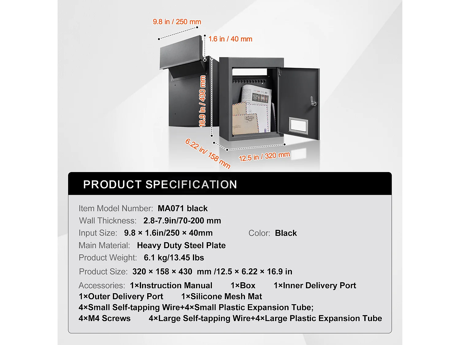 Boîte aux Lettres Murale SucceBuy, Boîte aux Lettres en Acier Robuste avec Serrure à Cod,  31.8 x 16 x 43cm,  Noire - Sécurisée et élégante