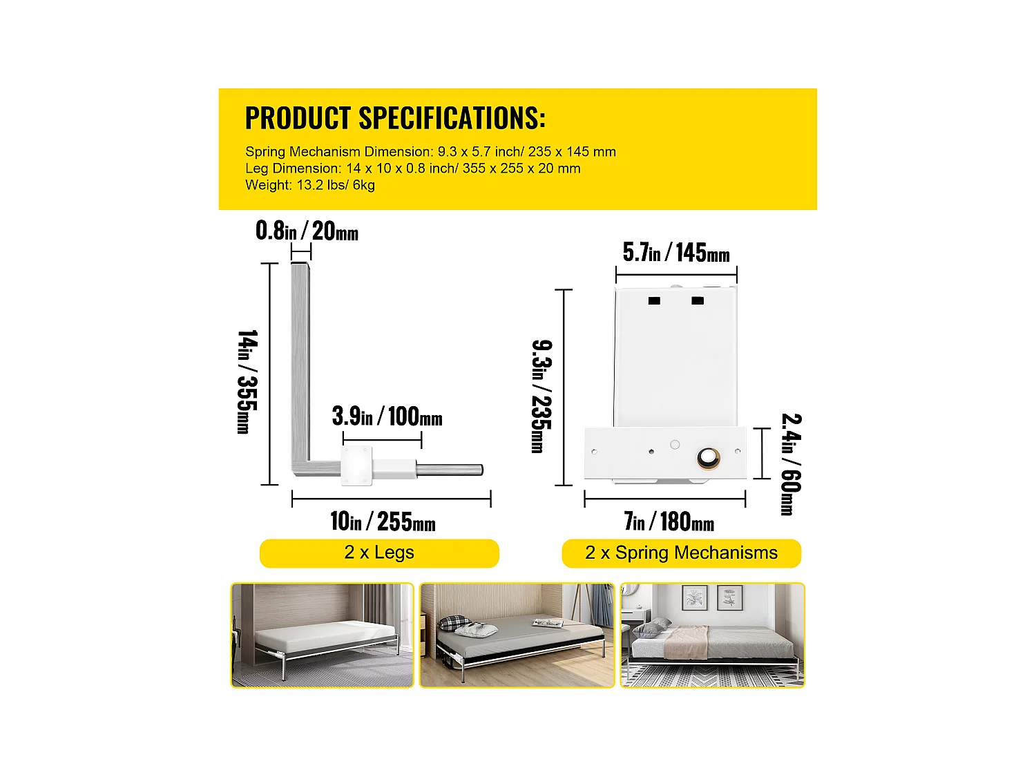Kit de Quincaillerie de Support Robuste pour Lit Escamotable SucceBuy, Horizontal, pour Lit Double