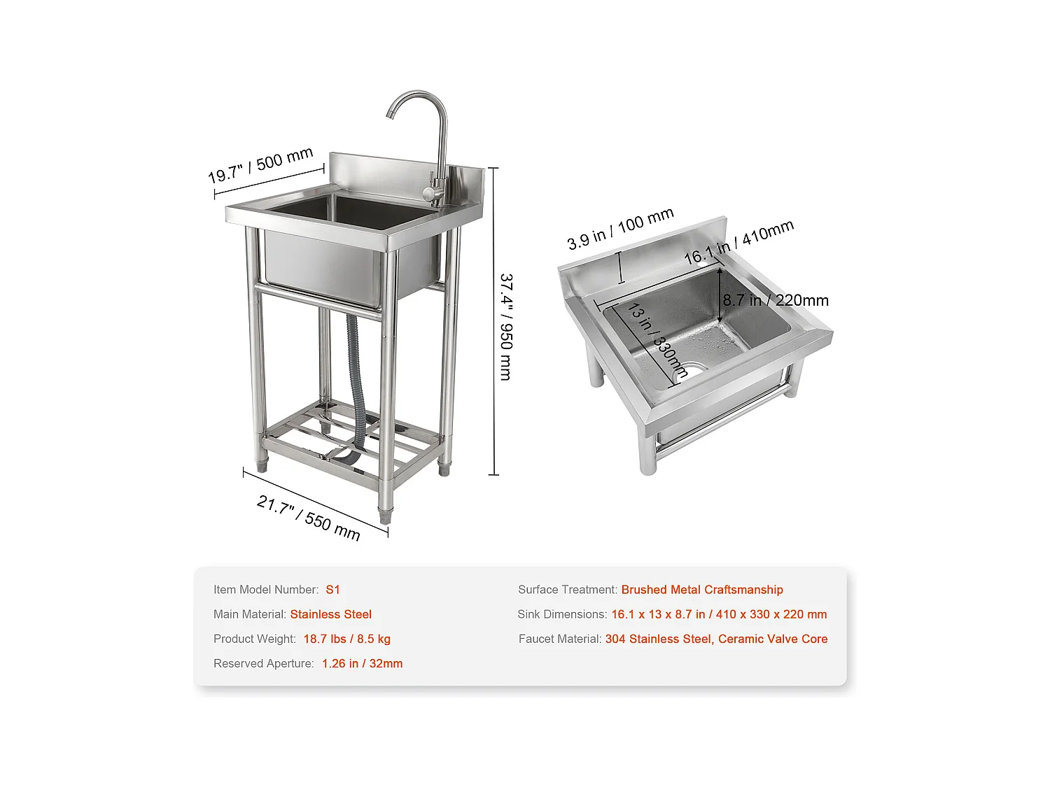 Évier de Préparation en Acier Inoxydable SucceBuy, Utilitaire Commercial à Cuve Simple 55 x 50 x 95 Cm