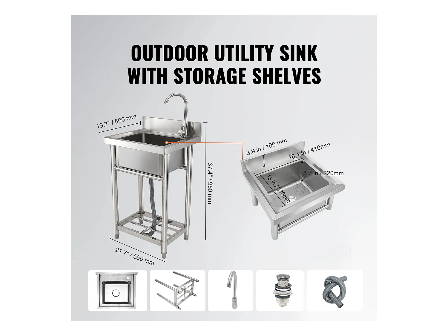 Évier de Préparation en Acier Inoxydable SucceBuy, Utilitaire Commercial à Cuve Simple 55 x 50 x 95 Cm