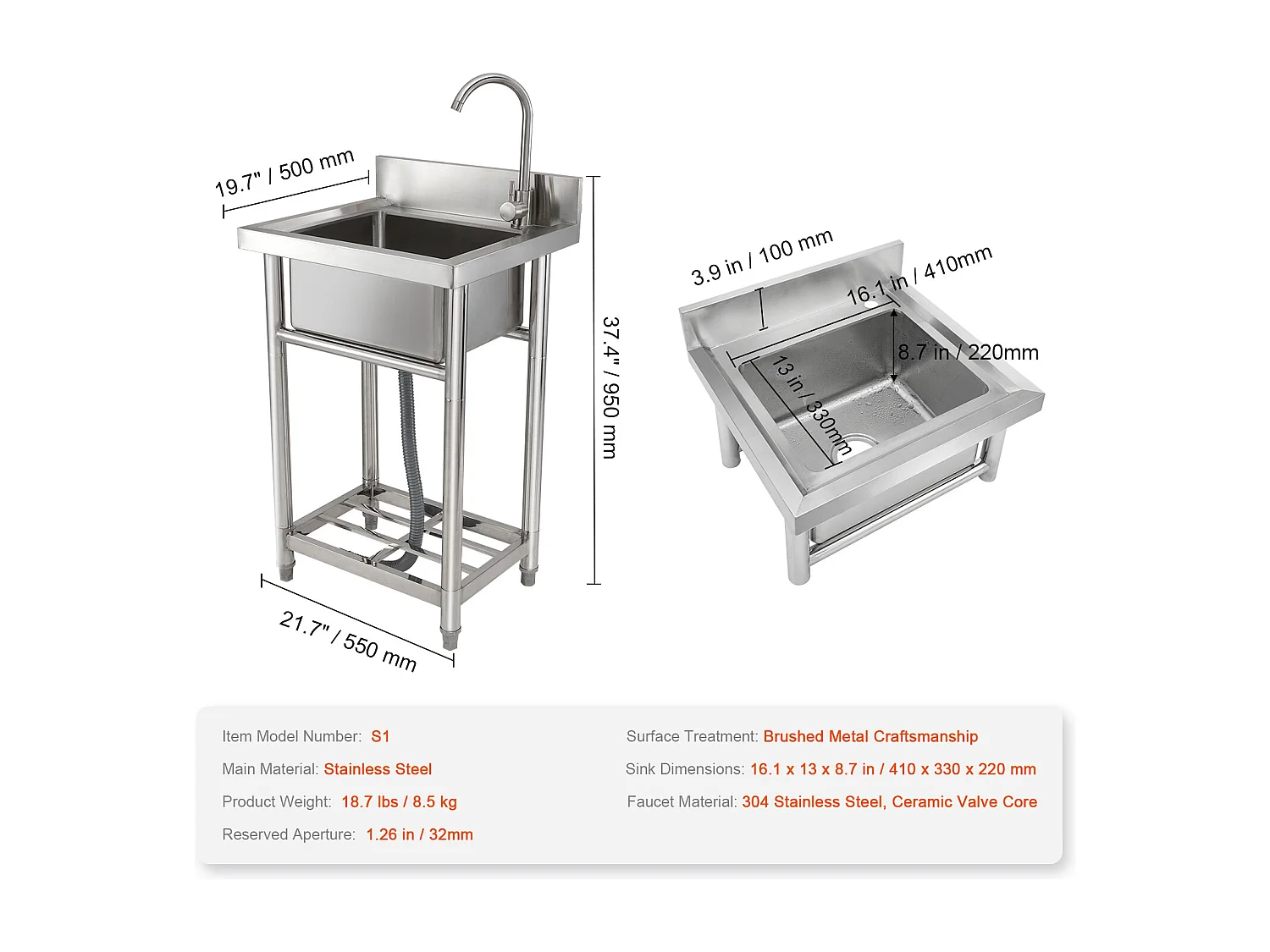 SucceBuy Zlew do przygotowywania potraw ze stali nierdzewnej, jednokomorowy, komercyjny, 55 x 50 x 95 cm