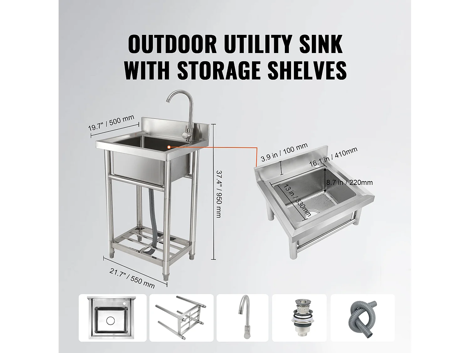 SucceBuy Zlew do przygotowywania potraw ze stali nierdzewnej, jednokomorowy, komercyjny, 55 x 50 x 95 cm