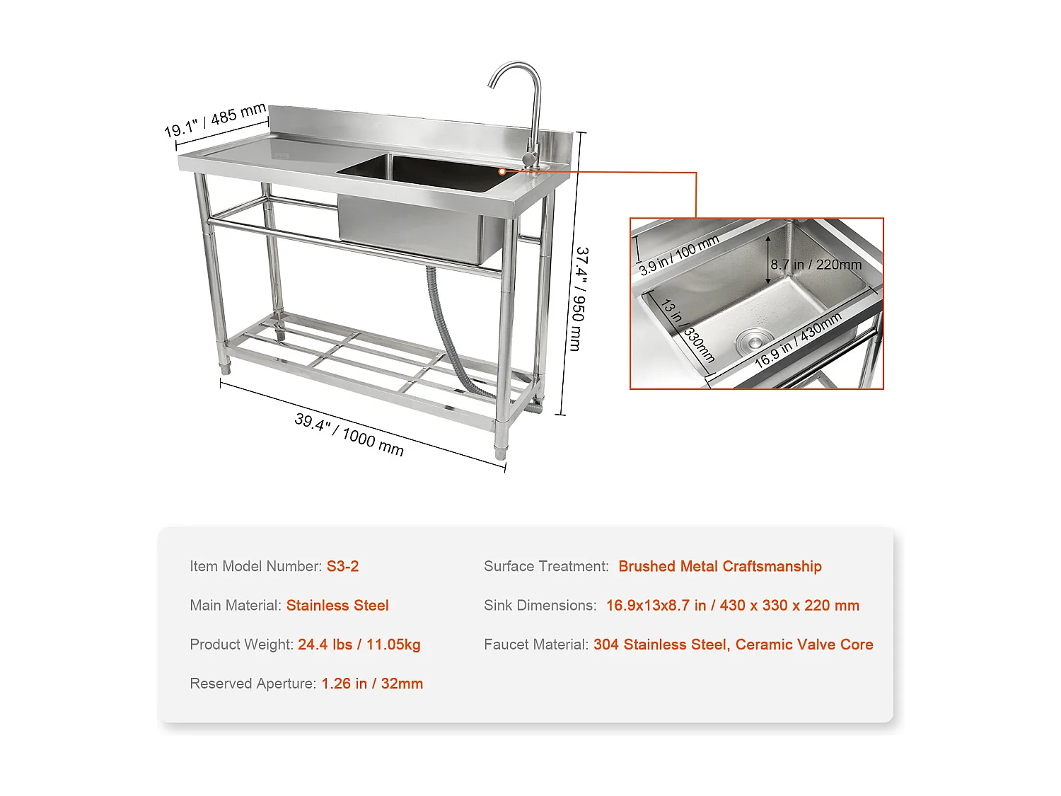 Lava-loiça Comercial para Cozinha e Preparação de Cuba Única SucceBuy com Bancada de Trabalho 100 x 48,5 x 95 Cm