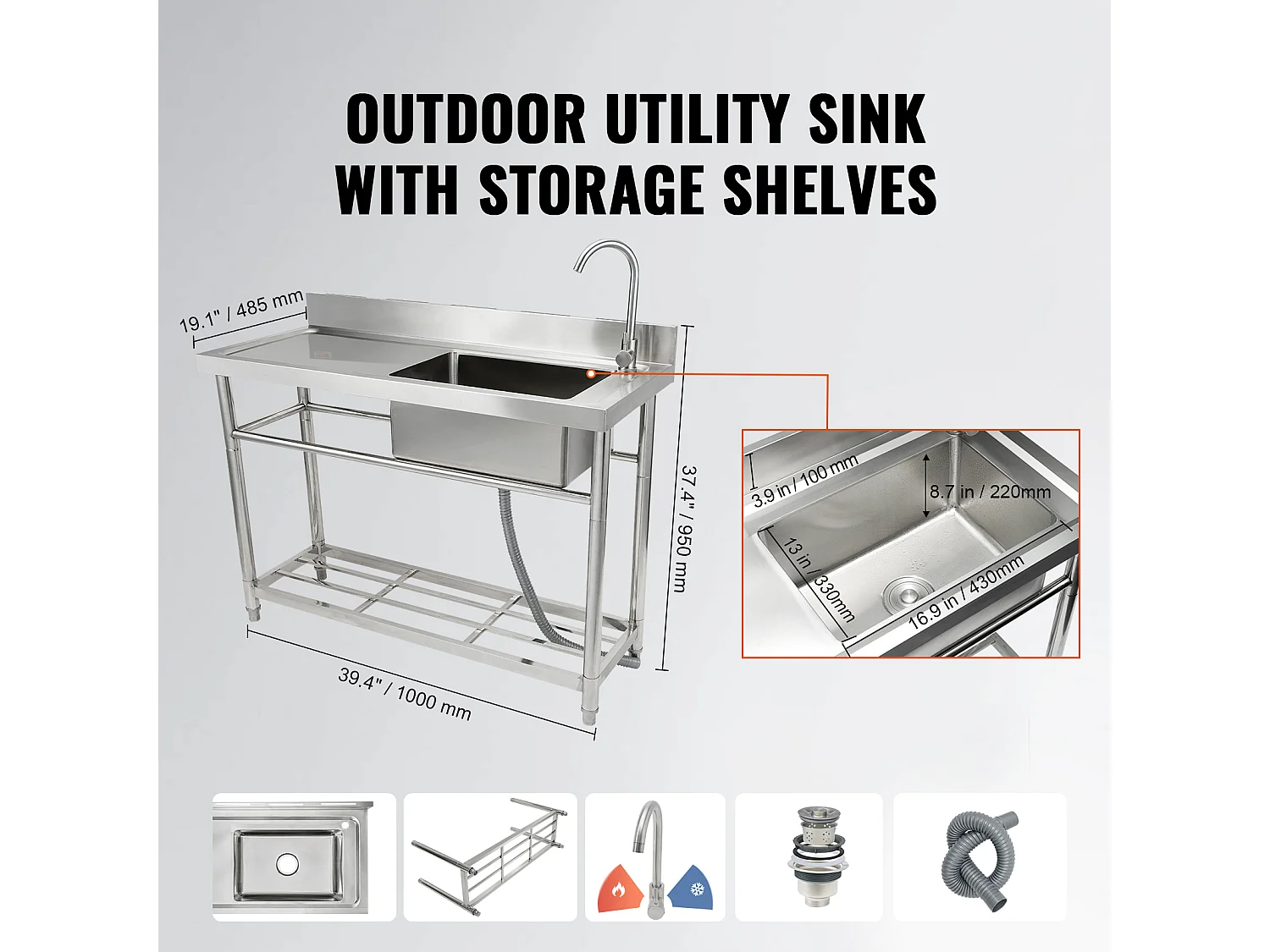 Lava-loiça Comercial para Cozinha e Preparação de Cuba Única SucceBuy com Bancada de Trabalho 100 x 48,5 x 95 Cm