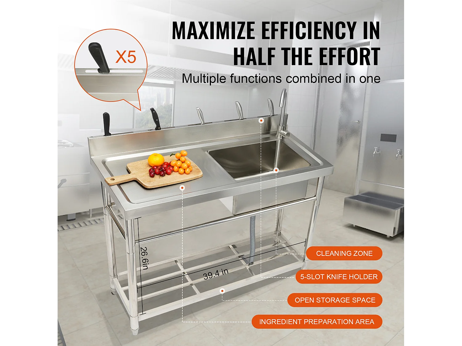 Lava-loiça Comercial para Cozinha e Preparação de Cuba Única SucceBuy com Bancada de Trabalho 100 x 48,5 x 95 Cm