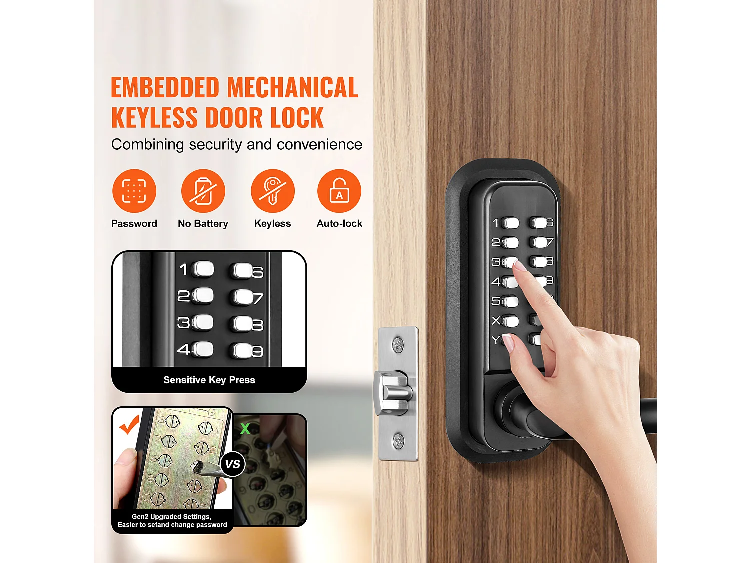 Porte D'entree SucceBuy Serrure de Porte D'entrée Mécanique sans Clé, Clavier à 14 Chiffres avec Poignée, Conception Intégrée