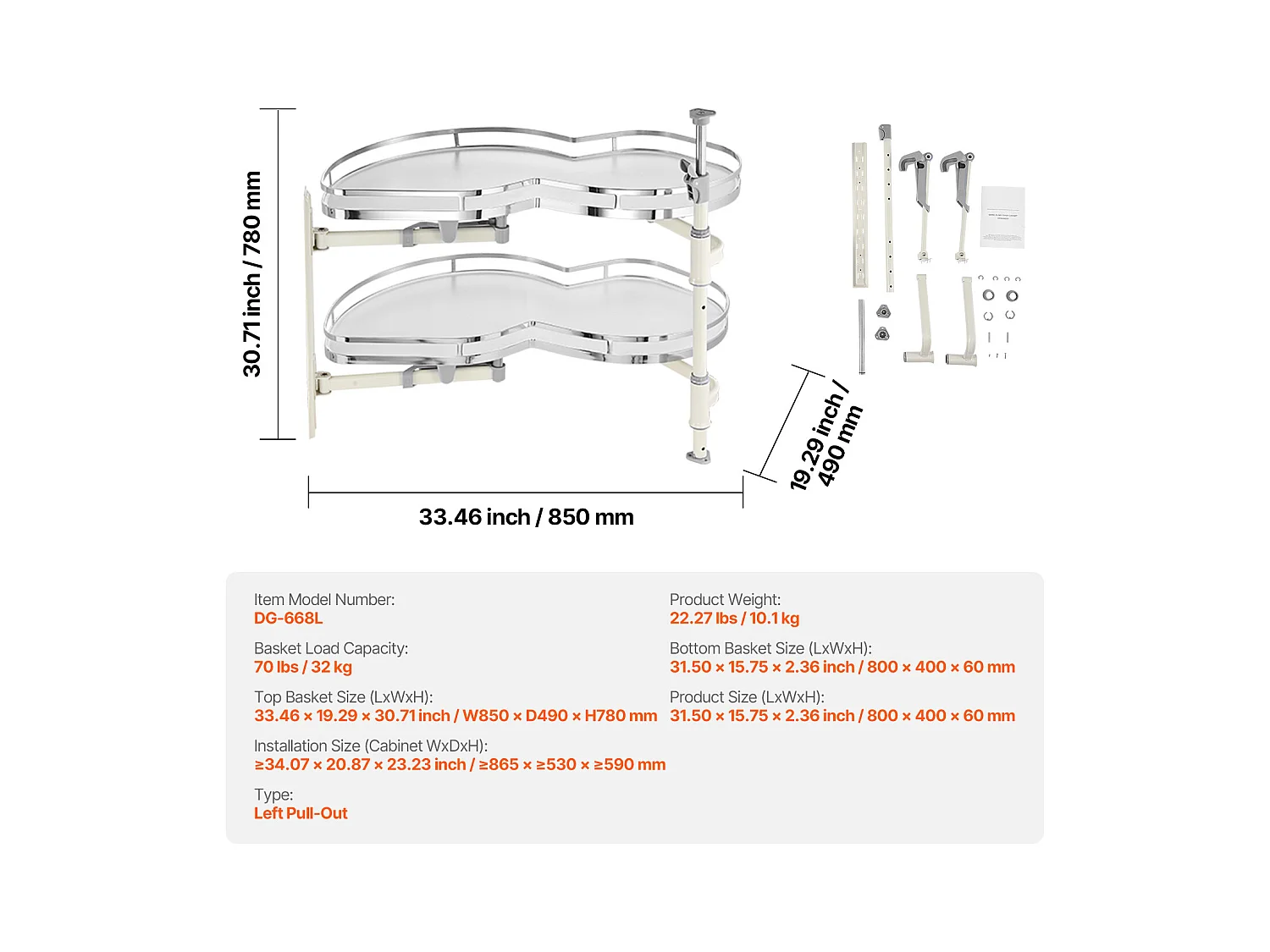 Organisateur D'armoire D'angle Aveugle à Gauche SucceBuy, Étagère Pivotante pour Placard d’Angle, 2 Niveaux, Fermeture Douce, Cuisine
