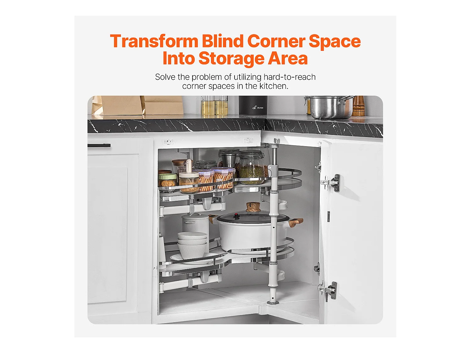 Organisateur D'armoire D'angle Aveugle à Gauche SucceBuy, Étagère Pivotante pour Placard d’Angle, 2 Niveaux, Fermeture Douce, Cuisine