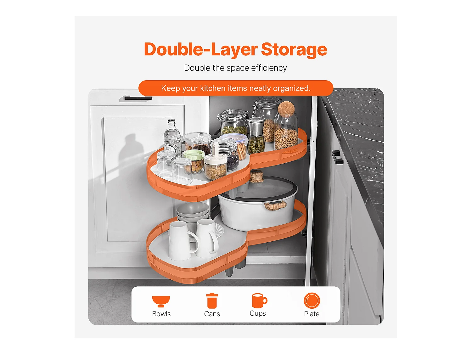 Organisateur D'armoire D'angle Aveugle à Gauche SucceBuy, Étagère Pivotante pour Placard d’Angle, 2 Niveaux, Fermeture Douce, Cuisine