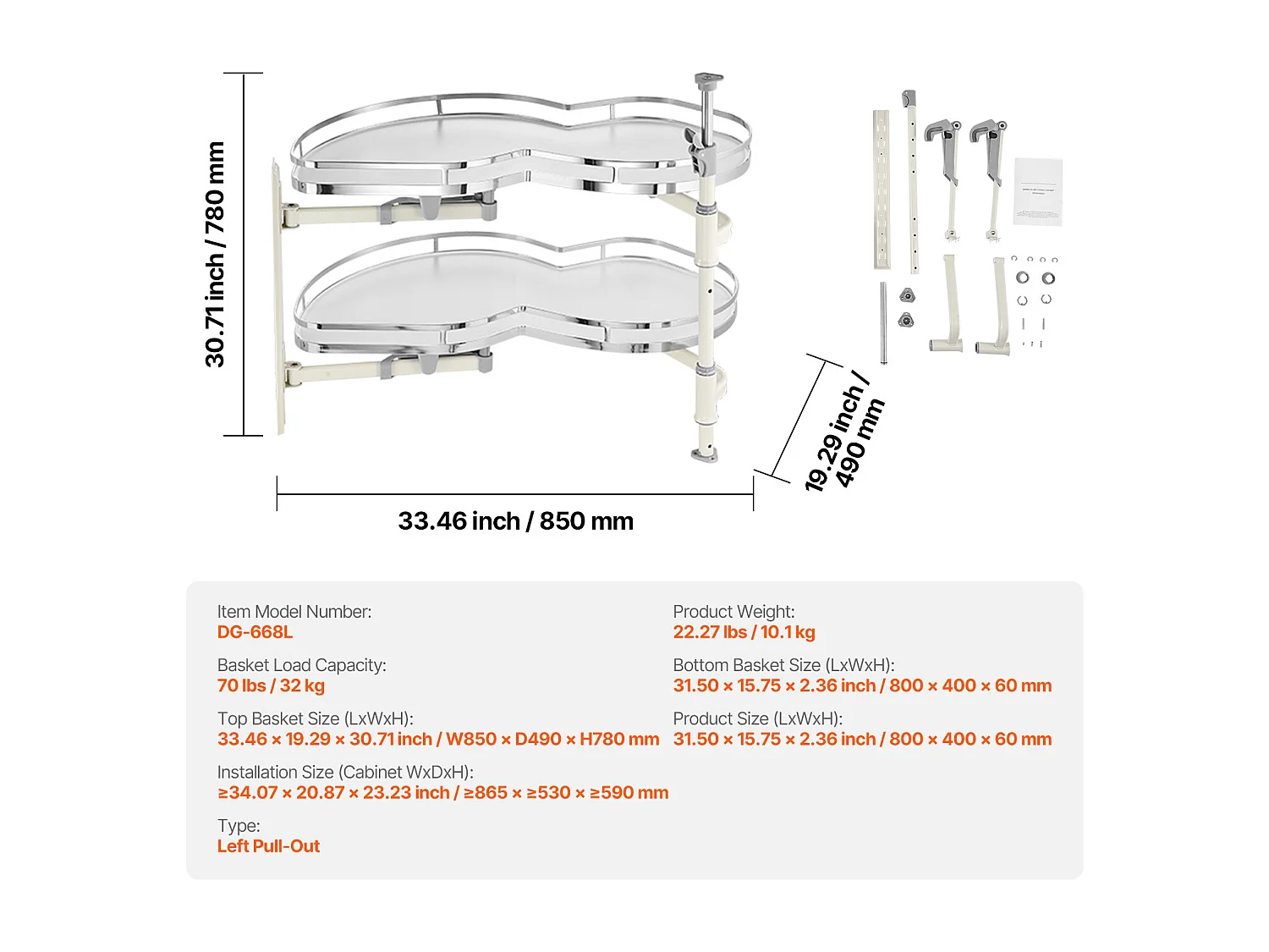 Organisateur D'armoire D'angle Aveugle à Gauche SucceBuy, Étagère Pivotante pour Placard d’Angle, 2 Niveaux, Fermeture Douce, Cuisine