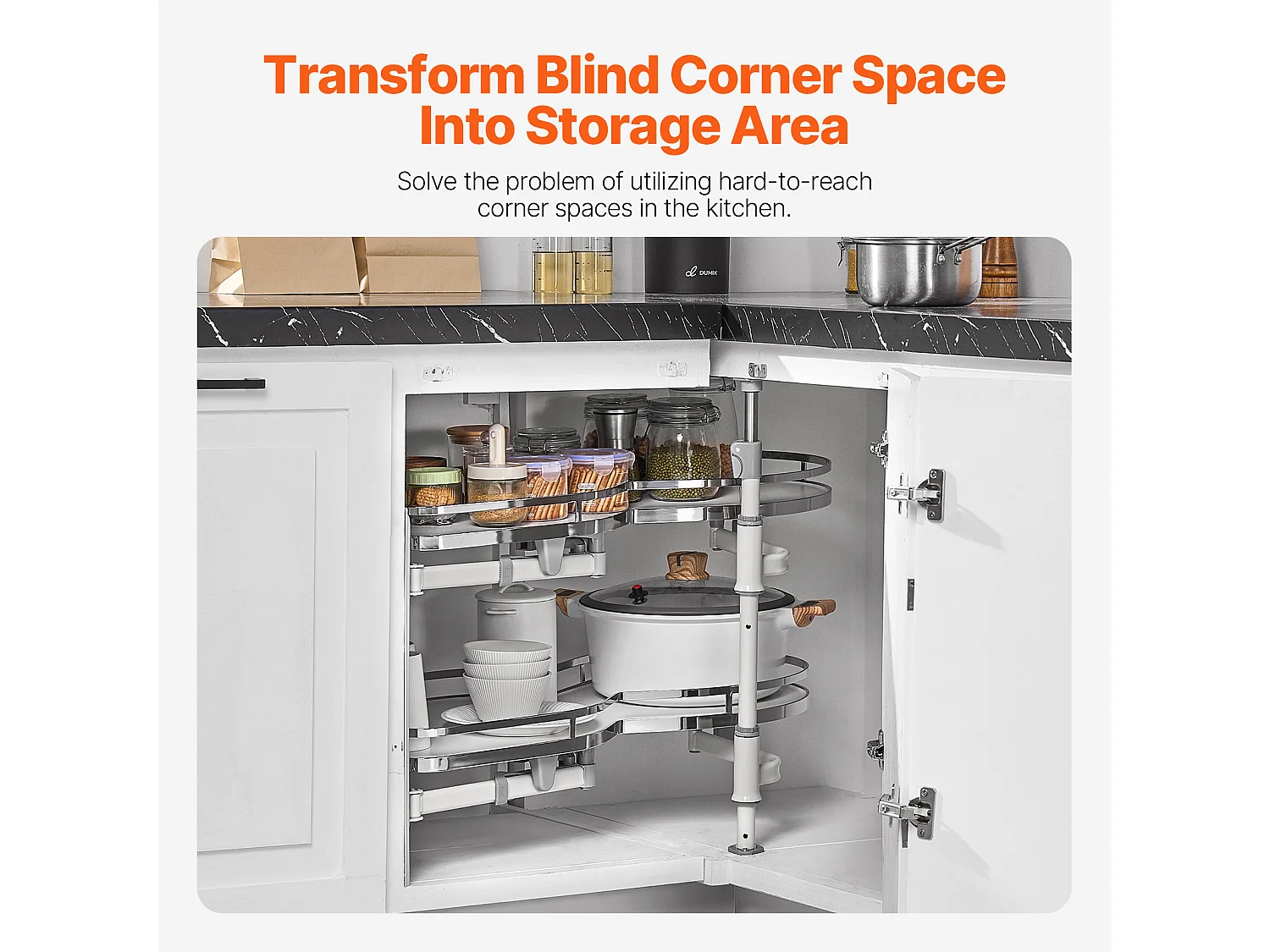 Organisateur D'armoire D'angle Aveugle à Gauche SucceBuy, Étagère Pivotante pour Placard d’Angle, 2 Niveaux, Fermeture Douce, Cuisine