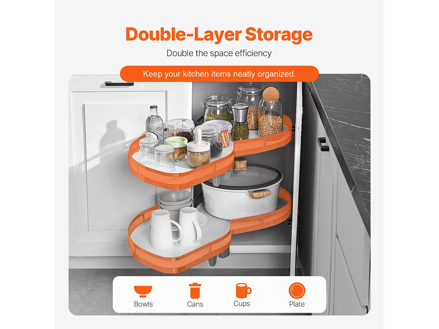 Organisateur D'armoire D'angle Aveugle à Gauche SucceBuy, Étagère Pivotante pour Placard d’Angle, 2 Niveaux, Fermeture Douce, Cuisine