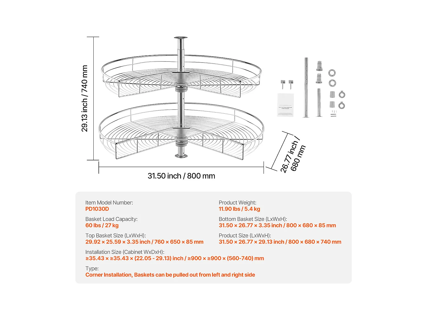 Organisateur D'armoire SucceBuy Organisateur D'angle Chromé à 2 Niveaux en Forme de Rein de 78.7Cm de pour Armoire