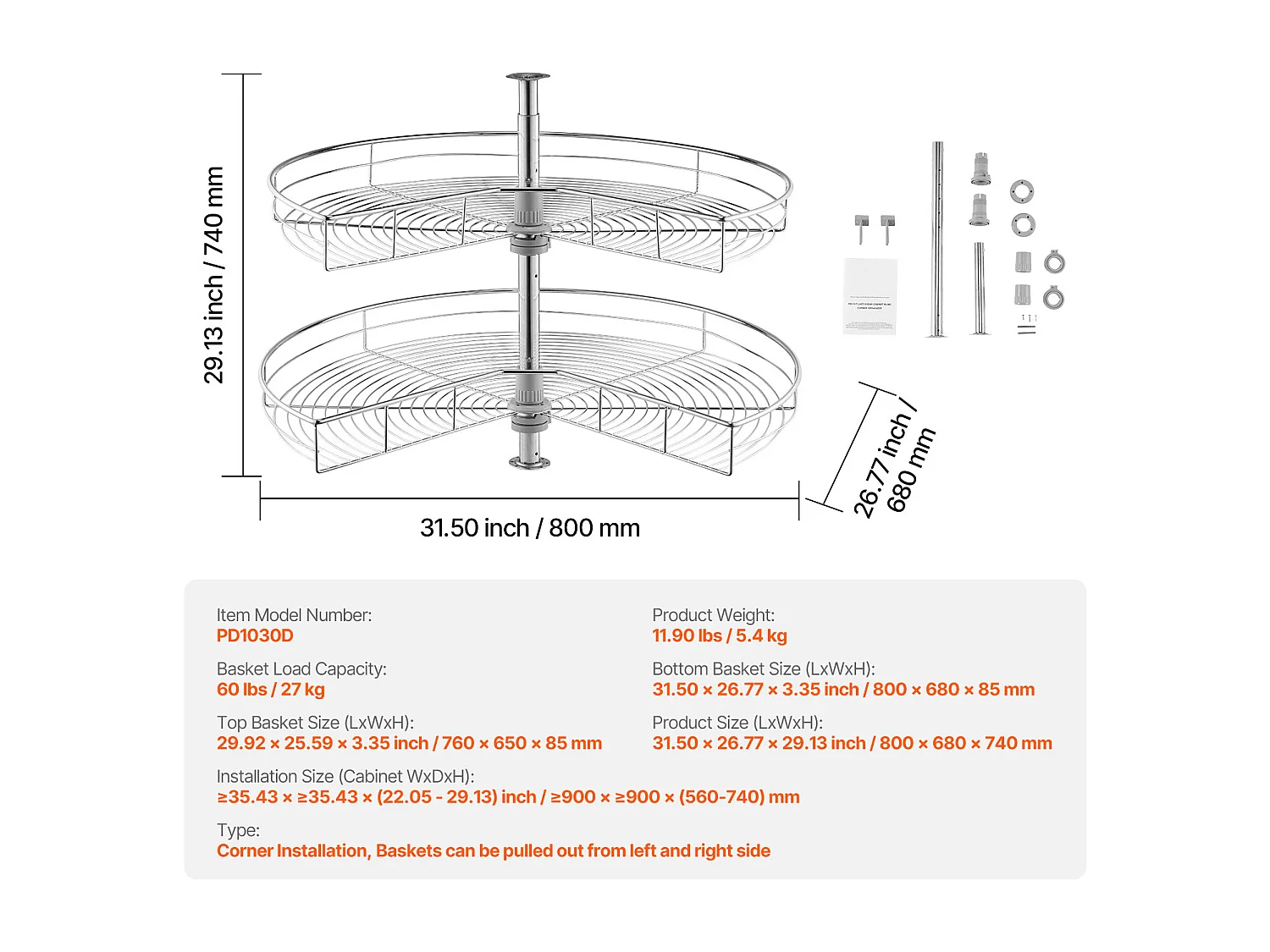 Organisateur D'armoire SucceBuy Organisateur D'angle Chromé à 2 Niveaux en Forme de Rein de 78.7Cm de pour Armoire