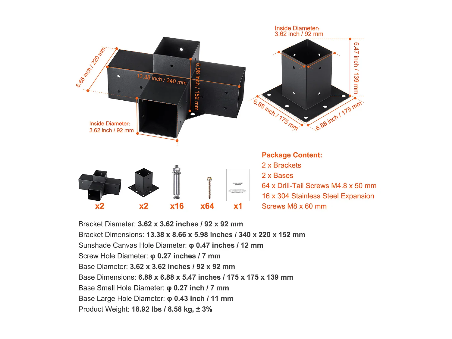 Pergola-Halterungssatz SucceBuy, 10 cm x 10 cm, Innen 9 cm x 9 cm, 4-Teilig, 4-Wege, für Heimwerker-Tischlerei