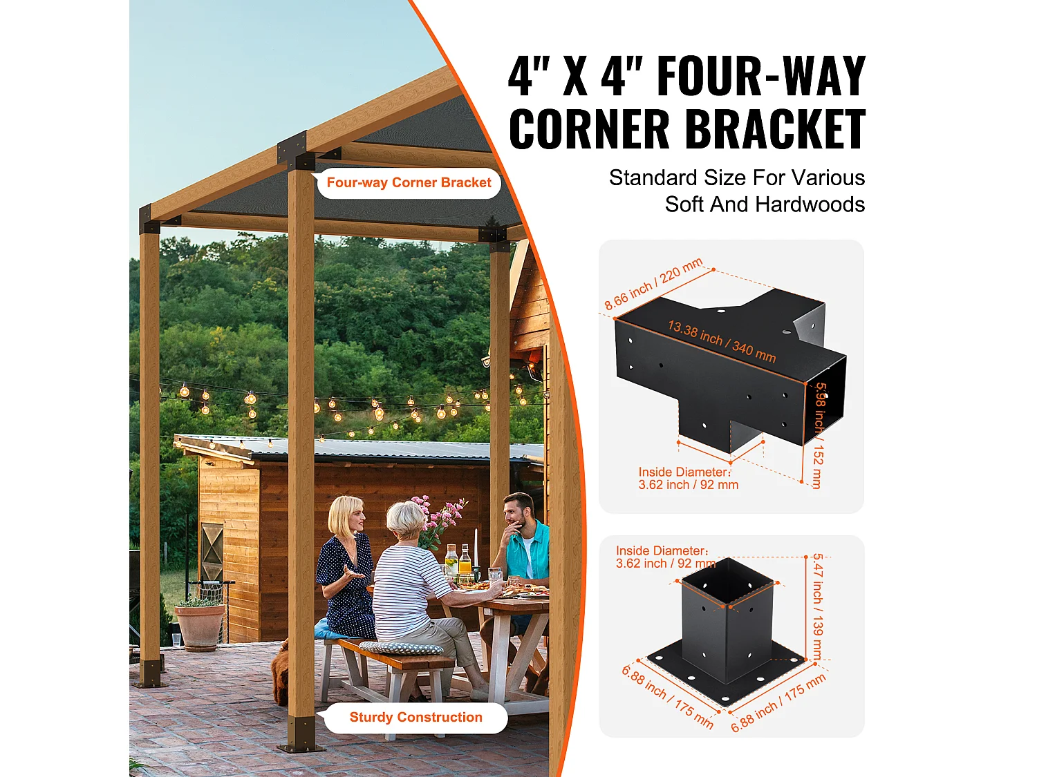 Pergola-Halterungssatz SucceBuy, 10 cm x 10 cm, Innen 9 cm x 9 cm, 4-Teilig, 4-Wege, für Heimwerker-Tischlerei