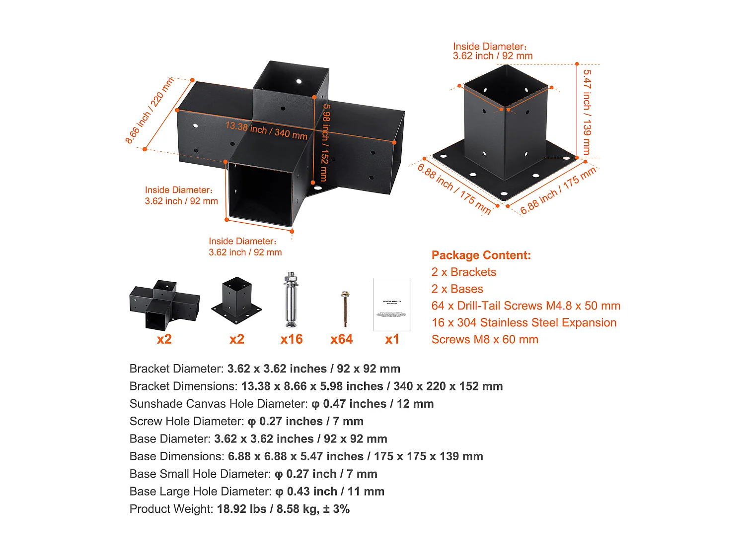 Pergola-Halterungssatz SucceBuy, 10 cm x 10 cm, Innen 9 cm x 9 cm, 4-Teilig, 4-Wege, für Heimwerker-Tischlerei
