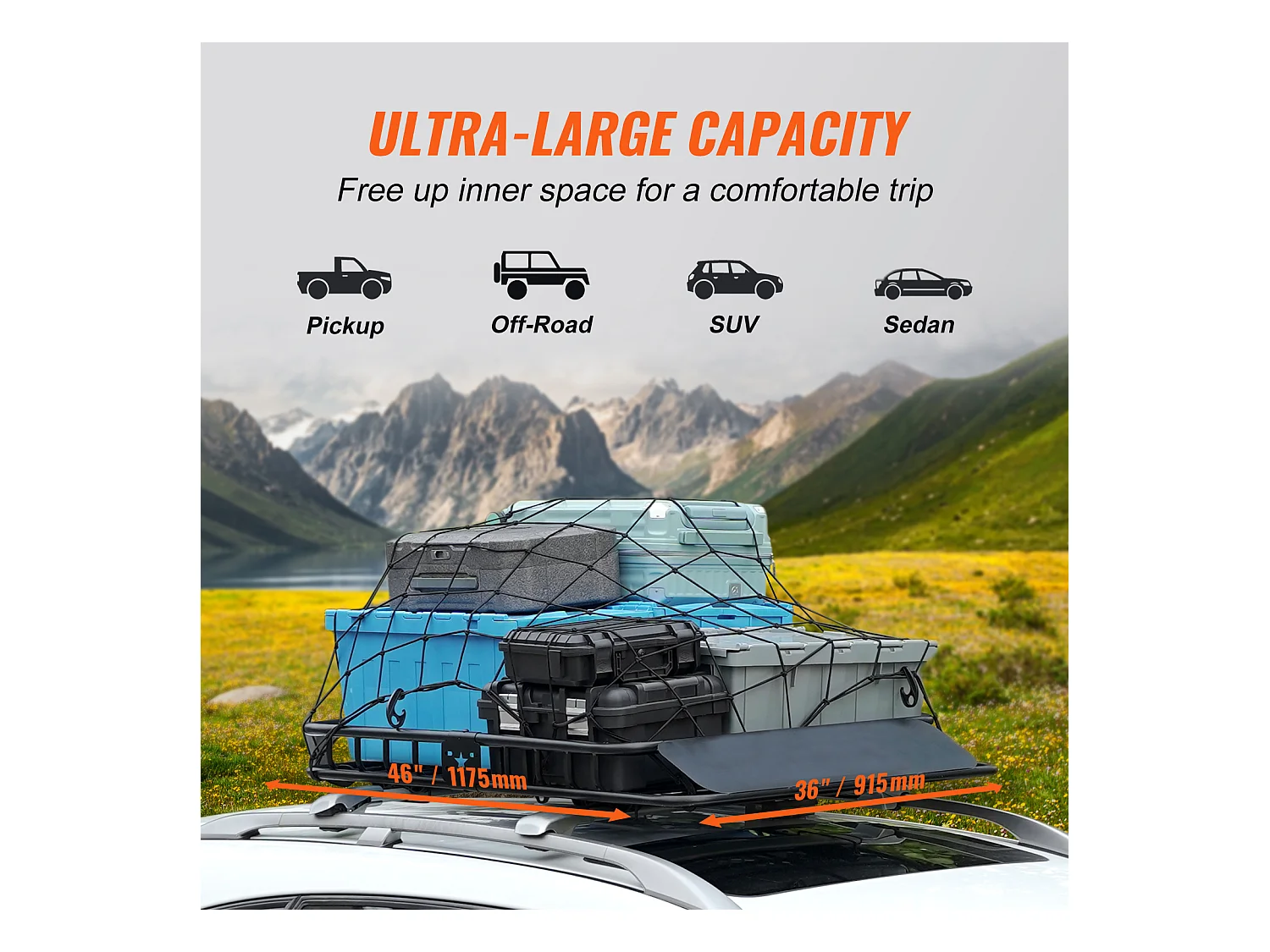 Panier de Chargement SucceBuy Panier de Toit, Capacité de 200 Lb, 116.8Cmx91.4Cmx11.4Cm pour VUS, Camion, Voitures
