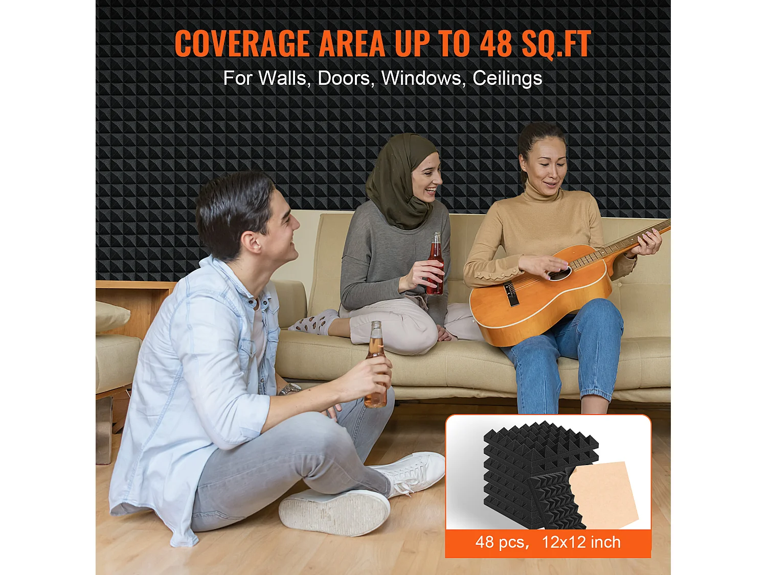 Panneaux en Mousse Acoustique SucceBuy, Lot de 48, 30.5 x 30.5 x 5.1 cm, Adhésif pour Mur et Plafond