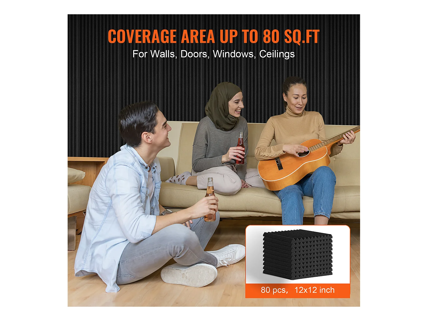 Lot de 80 Panneaux en Mousse Acoustique SucceBuy, 30.48 x 30.48 x 2.54 cm, pour Murs Plafonds de Studio, Maison, Bureau, Noir