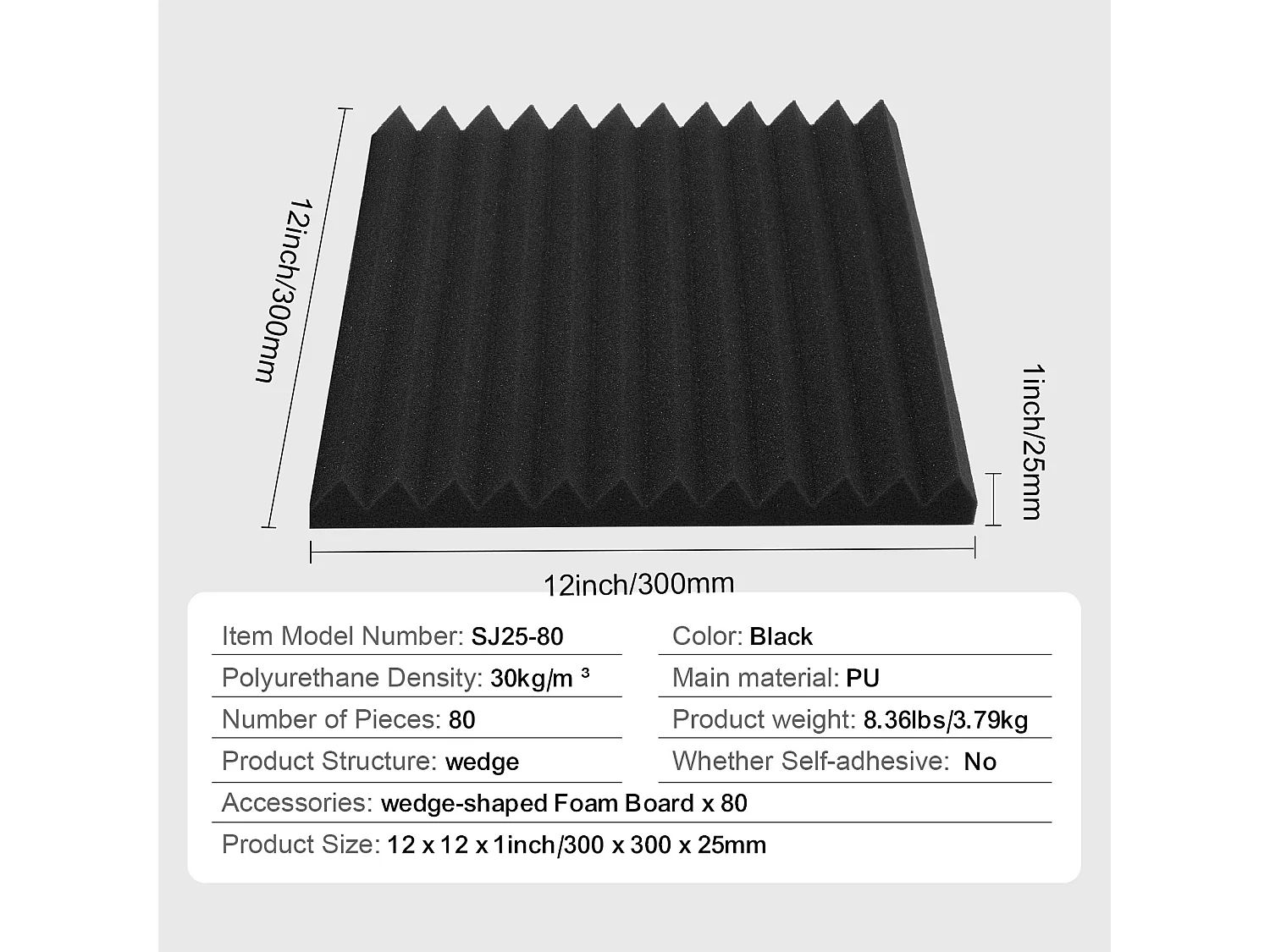 Lot de 80 Panneaux en Mousse Acoustique SucceBuy, 30.48 x 30.48 x 2.54 cm, pour Murs Plafonds de Studio, Maison, Bureau, Noir