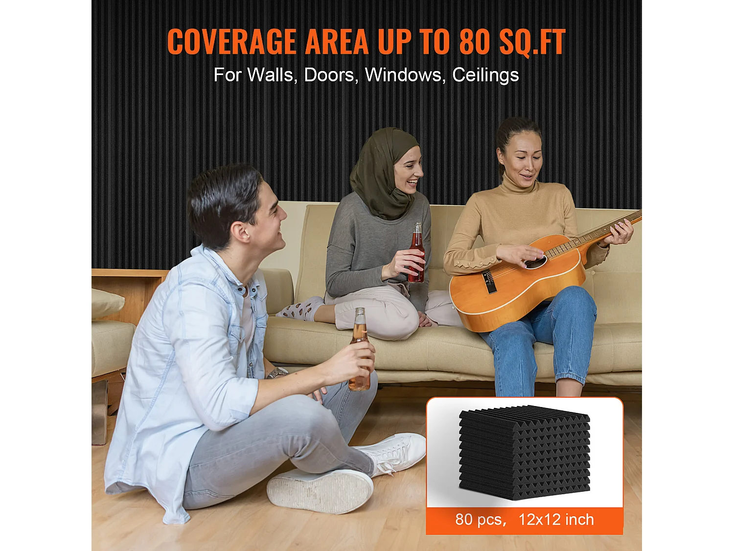 Lot de 80 Panneaux en Mousse Acoustique SucceBuy, 30.48 x 30.48 x 2.54 cm, pour Murs Plafonds de Studio, Maison, Bureau, Noir