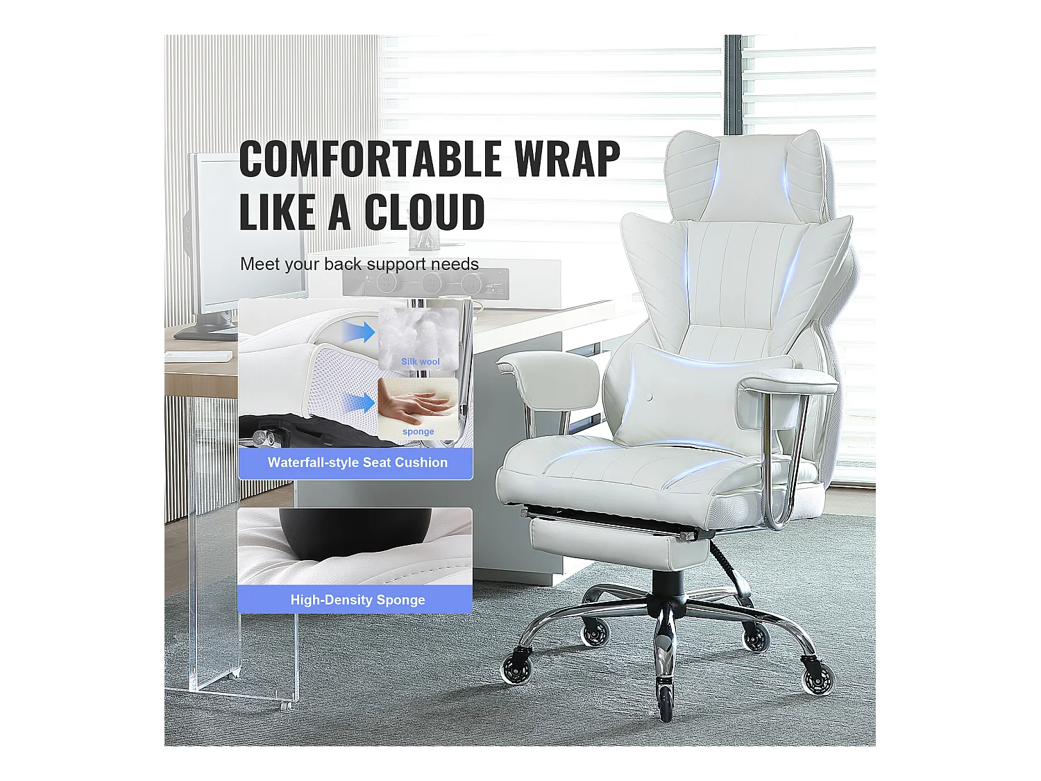 Chaise de Bureau, SucceBuy Chaise de Bureau Exécutive, Chaise Inclinable avec Repose-pieds, Bascule à 90-120°