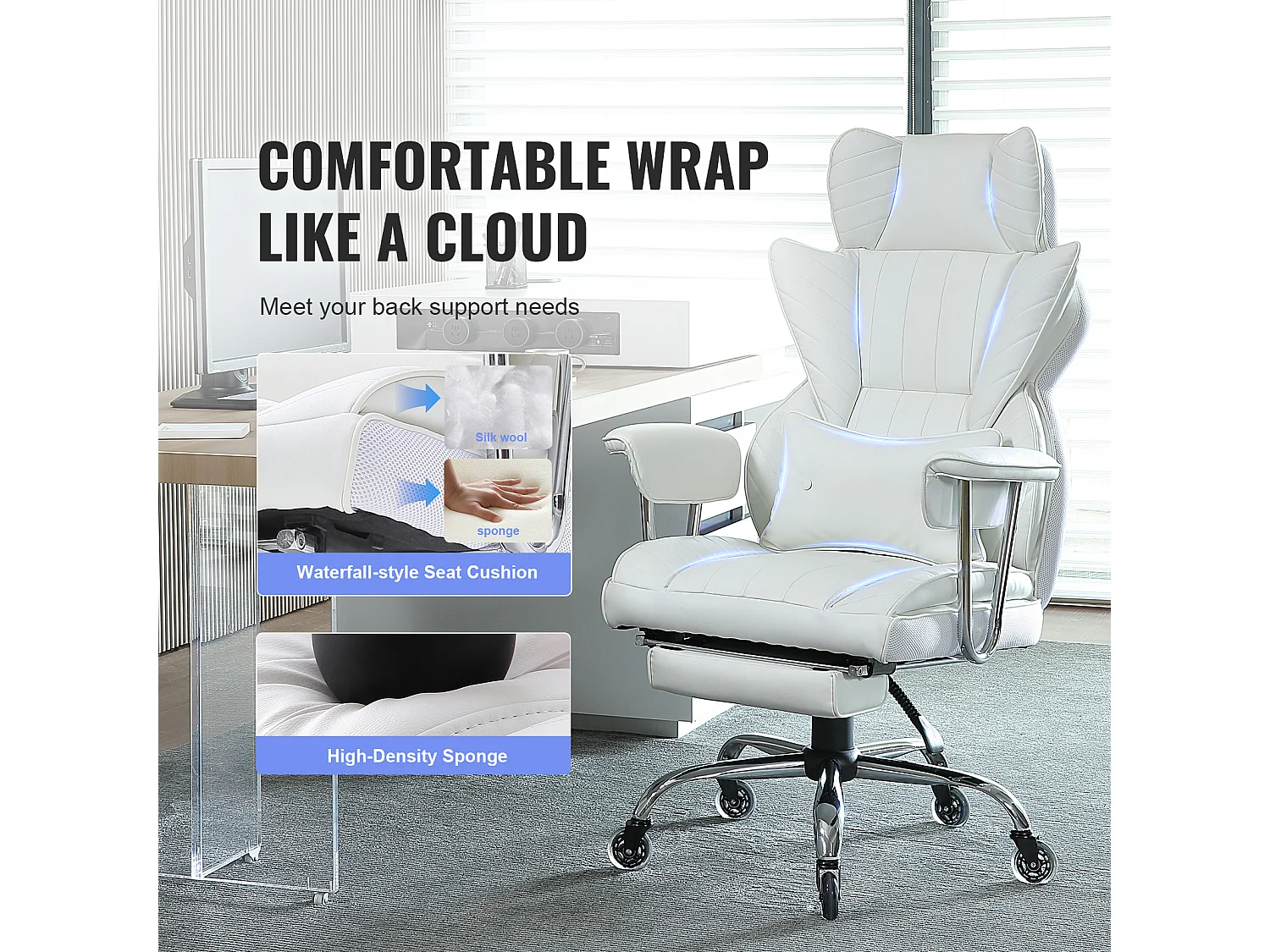 Chaise de Bureau, SucceBuy Chaise de Bureau Exécutive, Chaise Inclinable avec Repose-pieds, Bascule à 90-120°