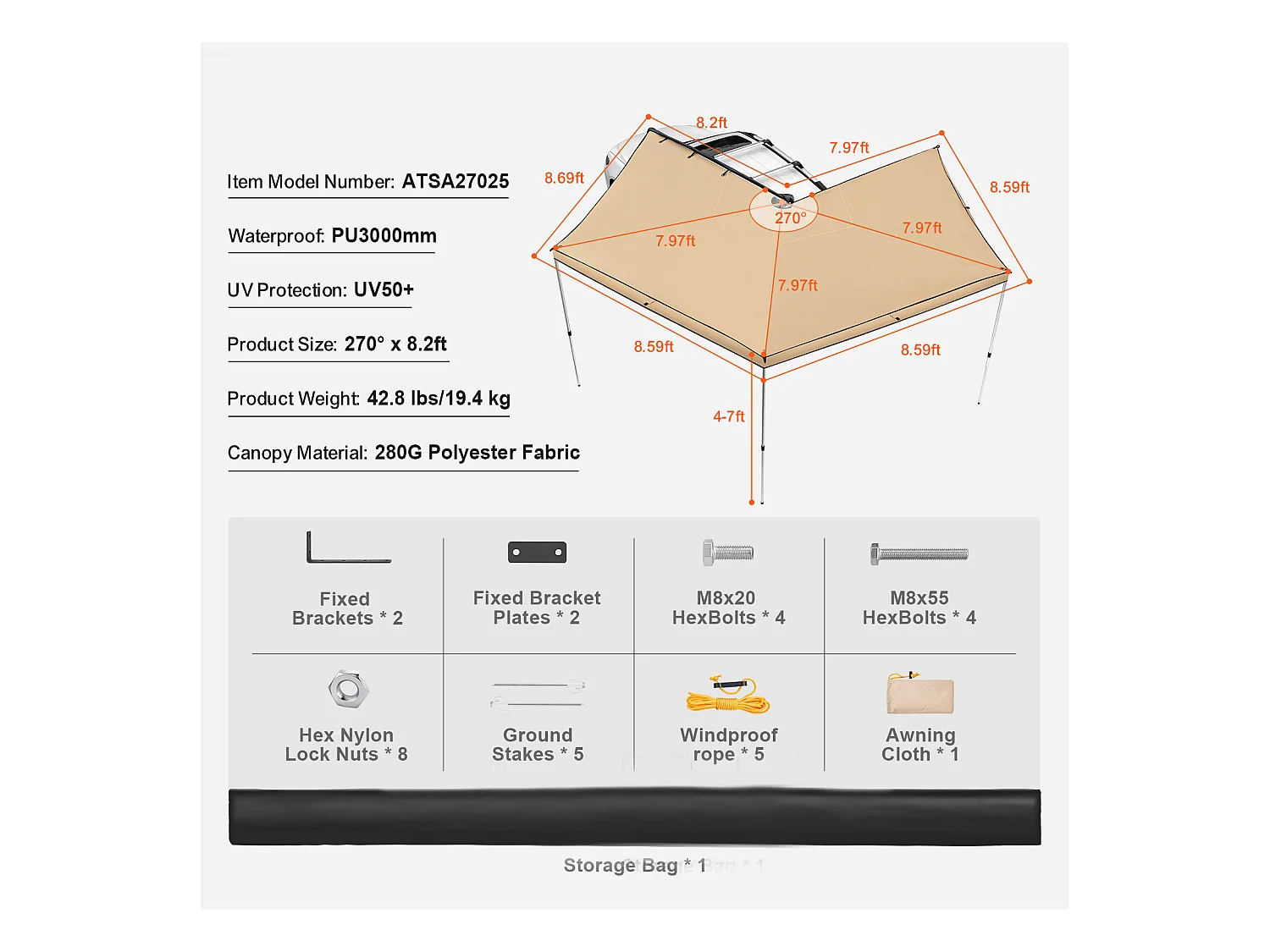 Auvent de Véhicule SucceBuy à 270 Degrés, Hauteur de 250cm Rétractable, UV50+